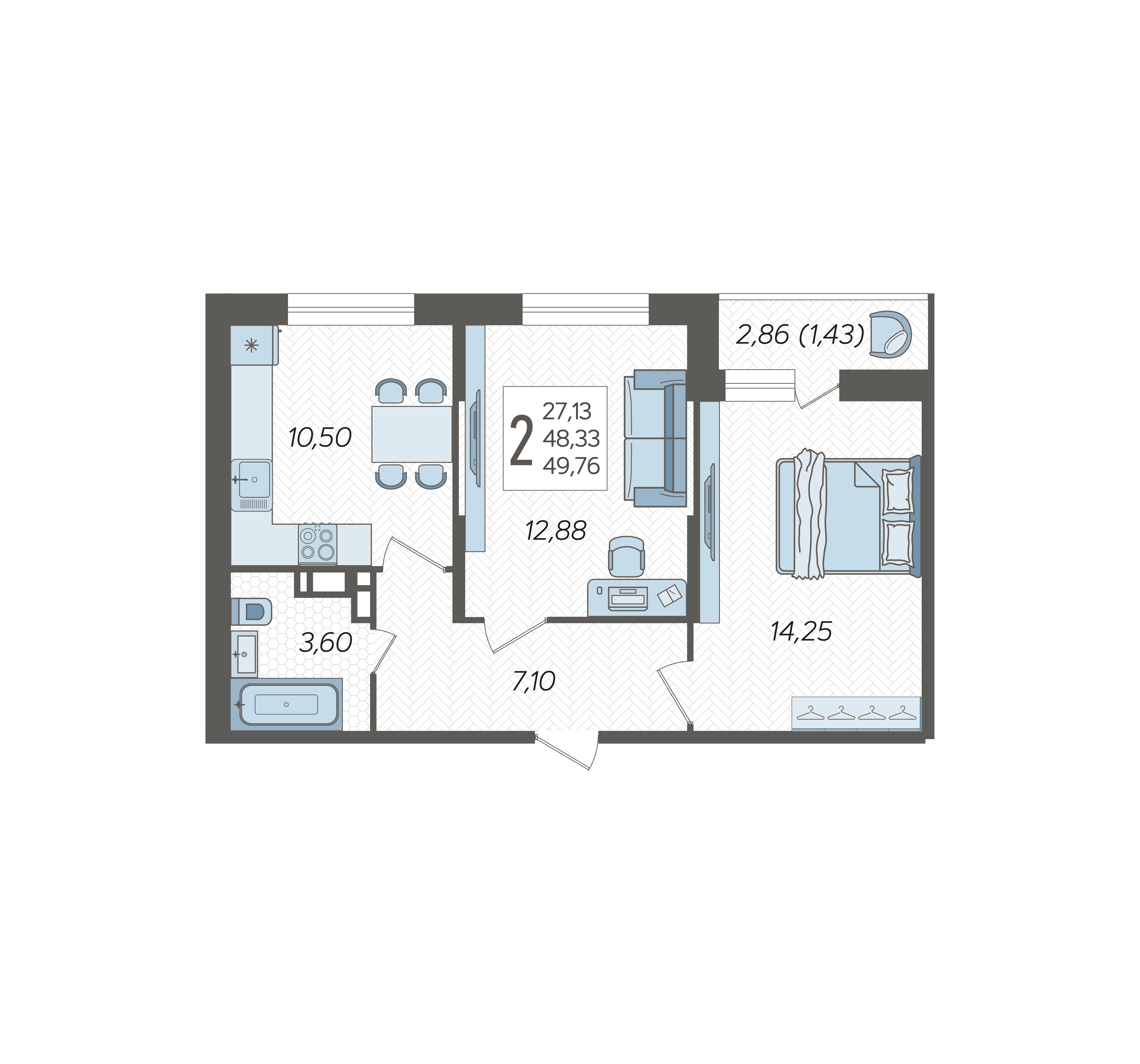 Планировка 2-комнатная 49,76 м²