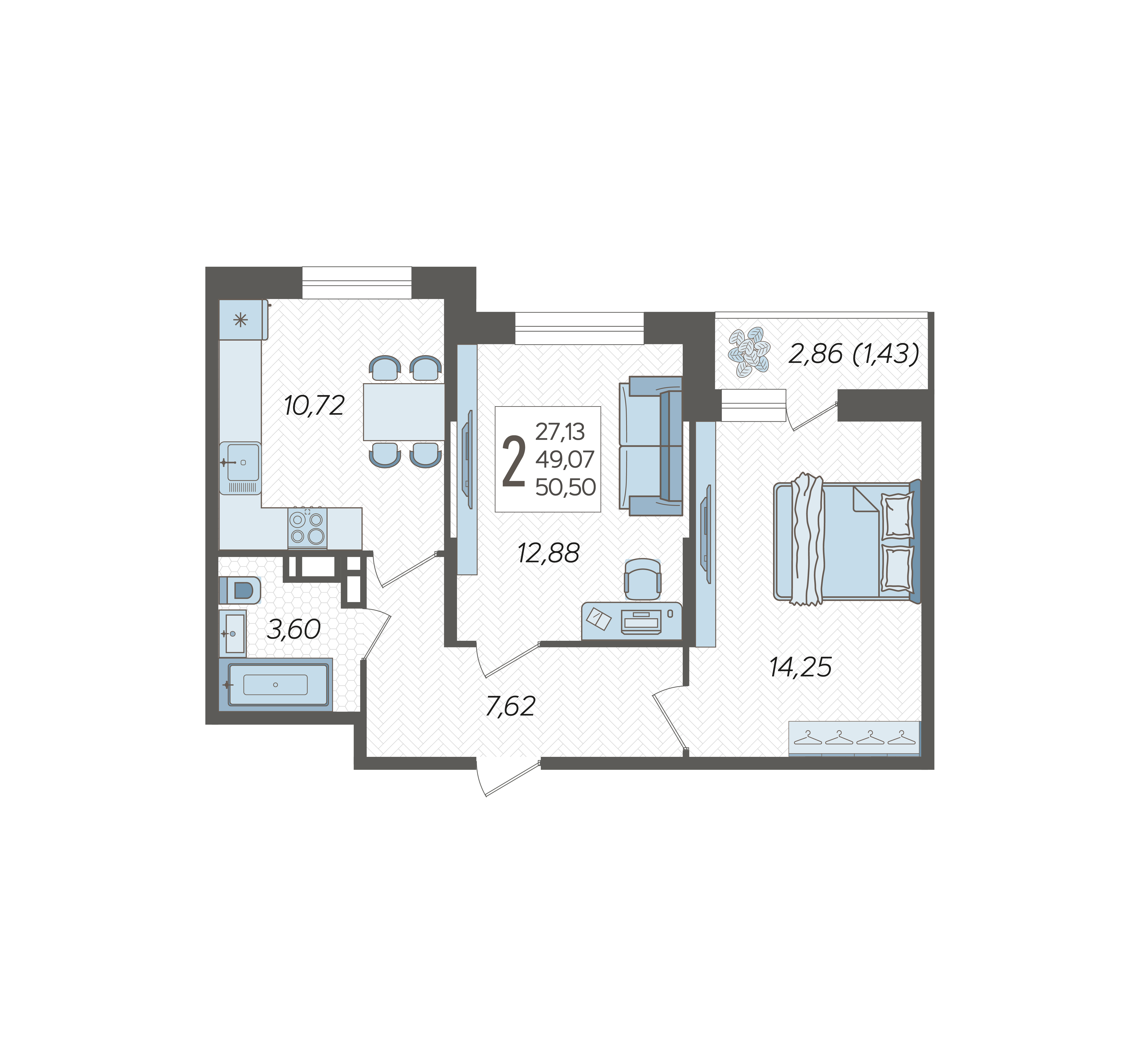 Планировка: 2-комн. квартира 50,5 м²