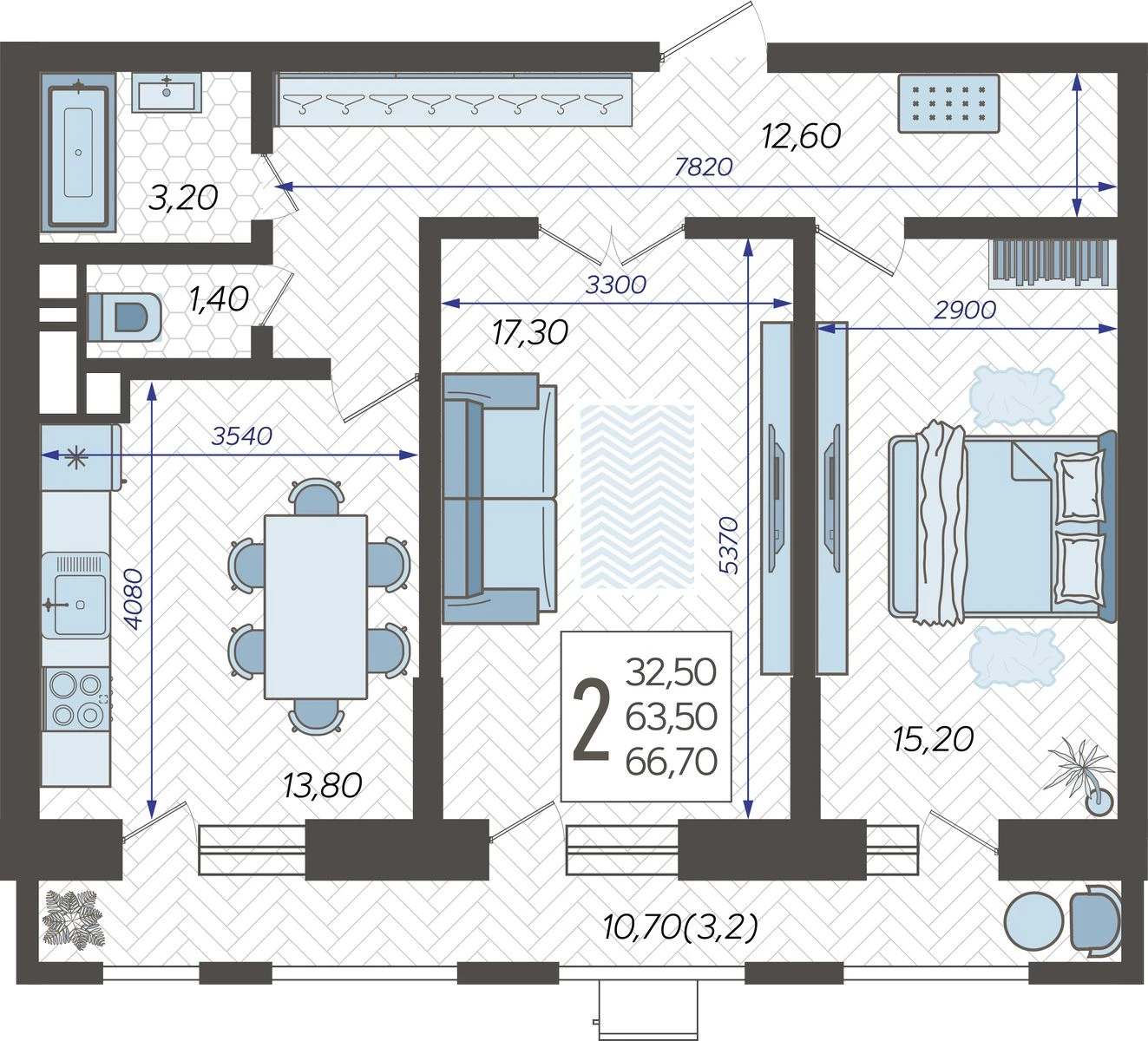 Планировка 2-комнатная 67,68 м²