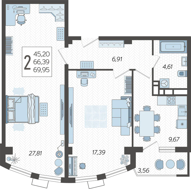 Планировка 2-комнатная 69,95 м²