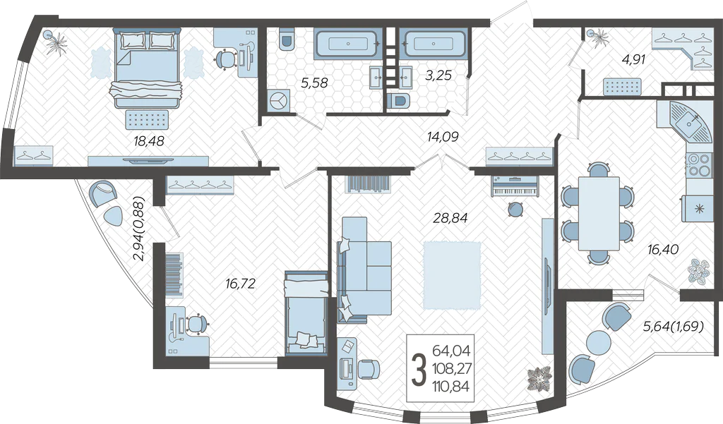 Планировка 3-комнатная 110,84 м²