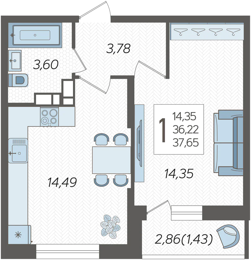 Планировка: 1-комн. квартира 37,1 м²