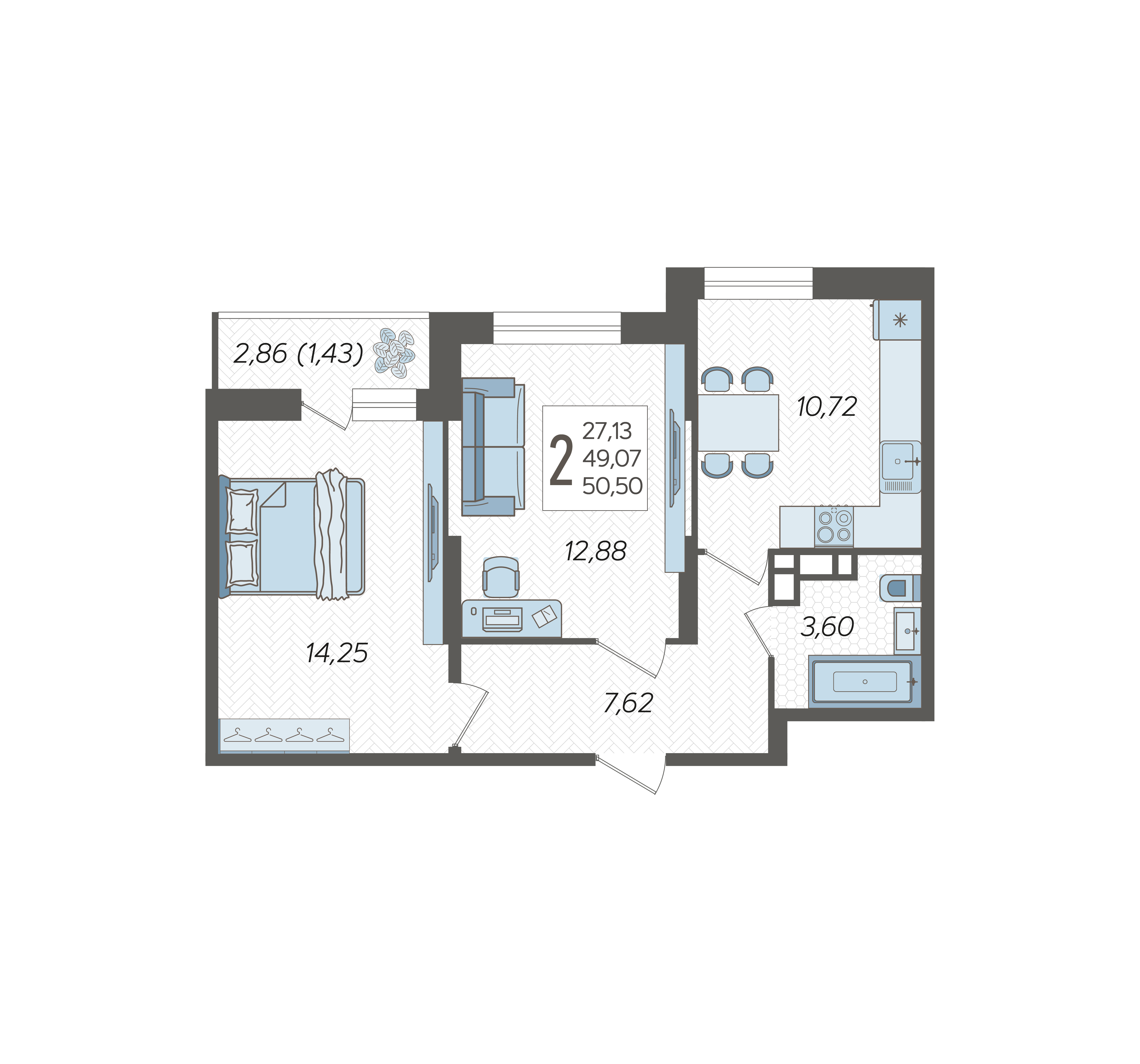 Планировка 2-комнатная 50,5 м²