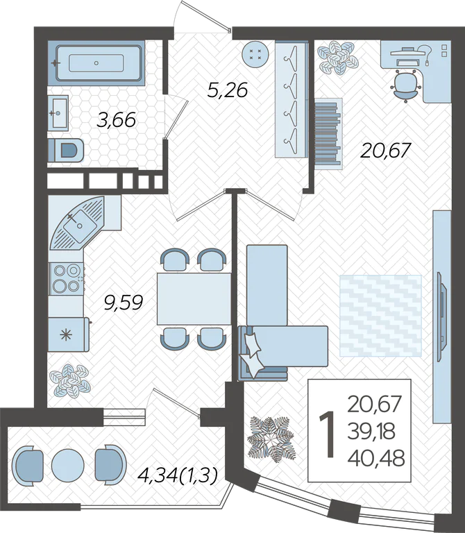 Планировка 1-комнатная 40,48 м²