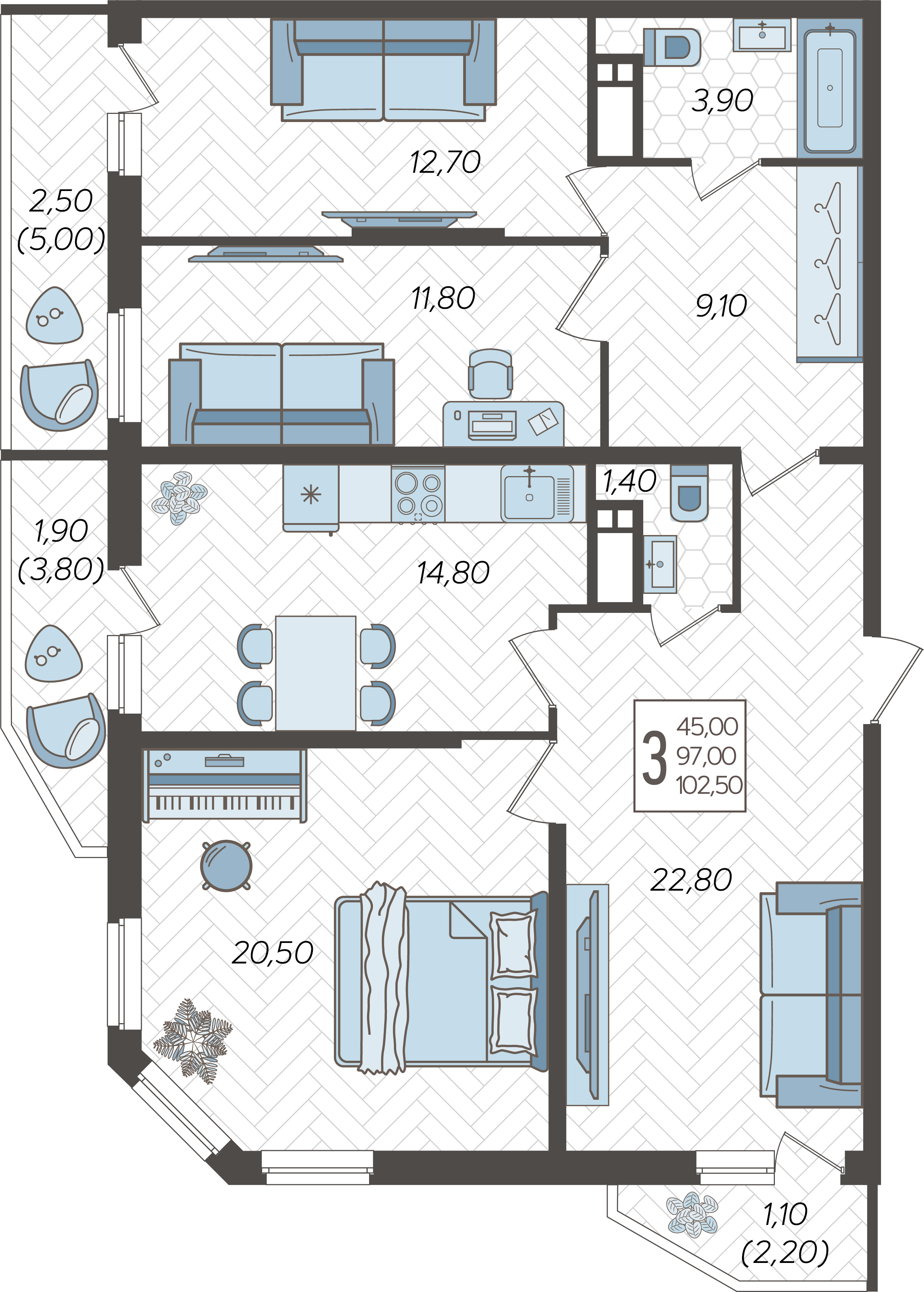Планировка 3-комнатная 104 м²
