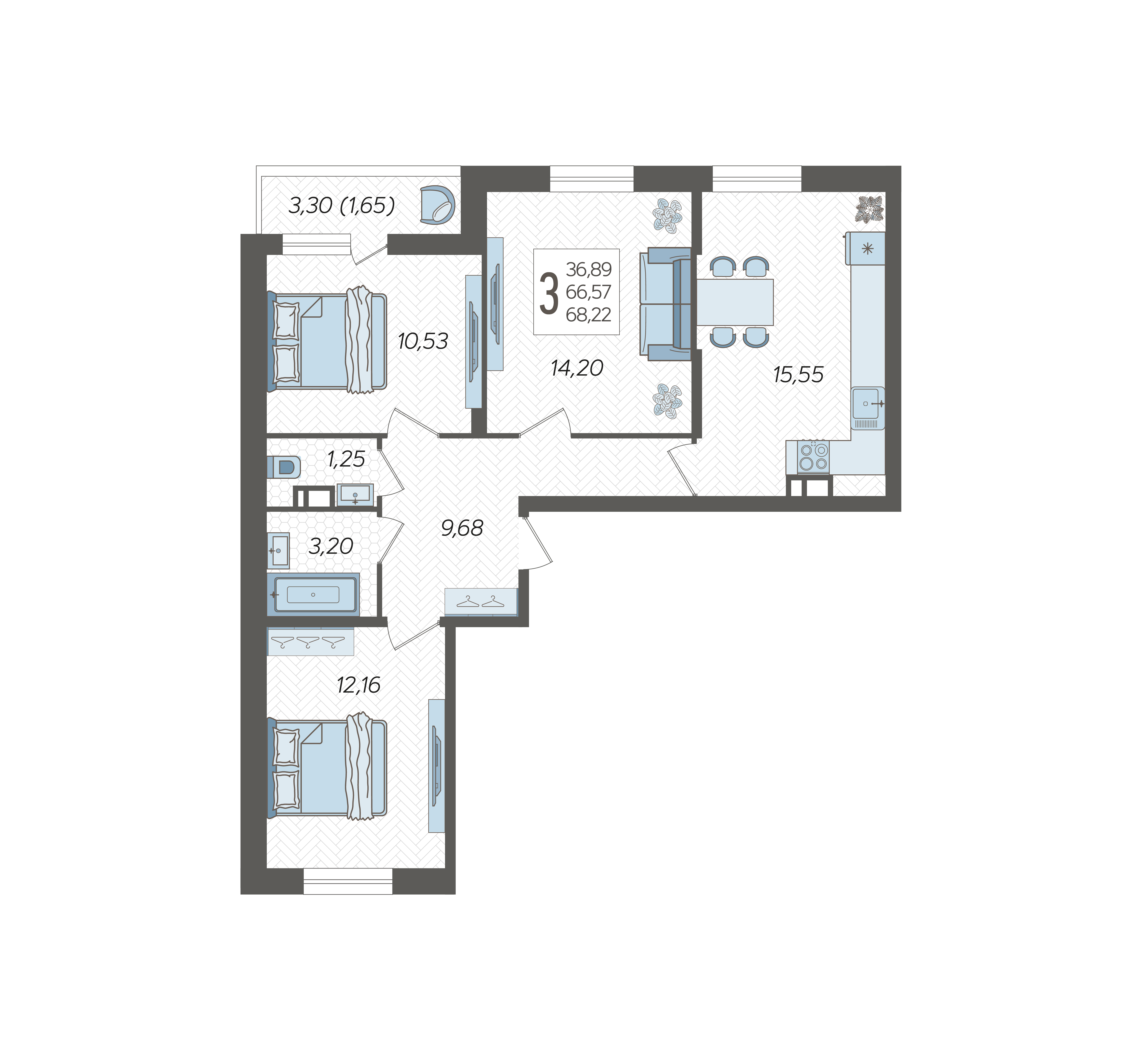 Планировка 3-комнатная 68,22 м²