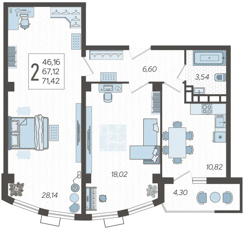 Планировка 2-комнатная 71,42 м²