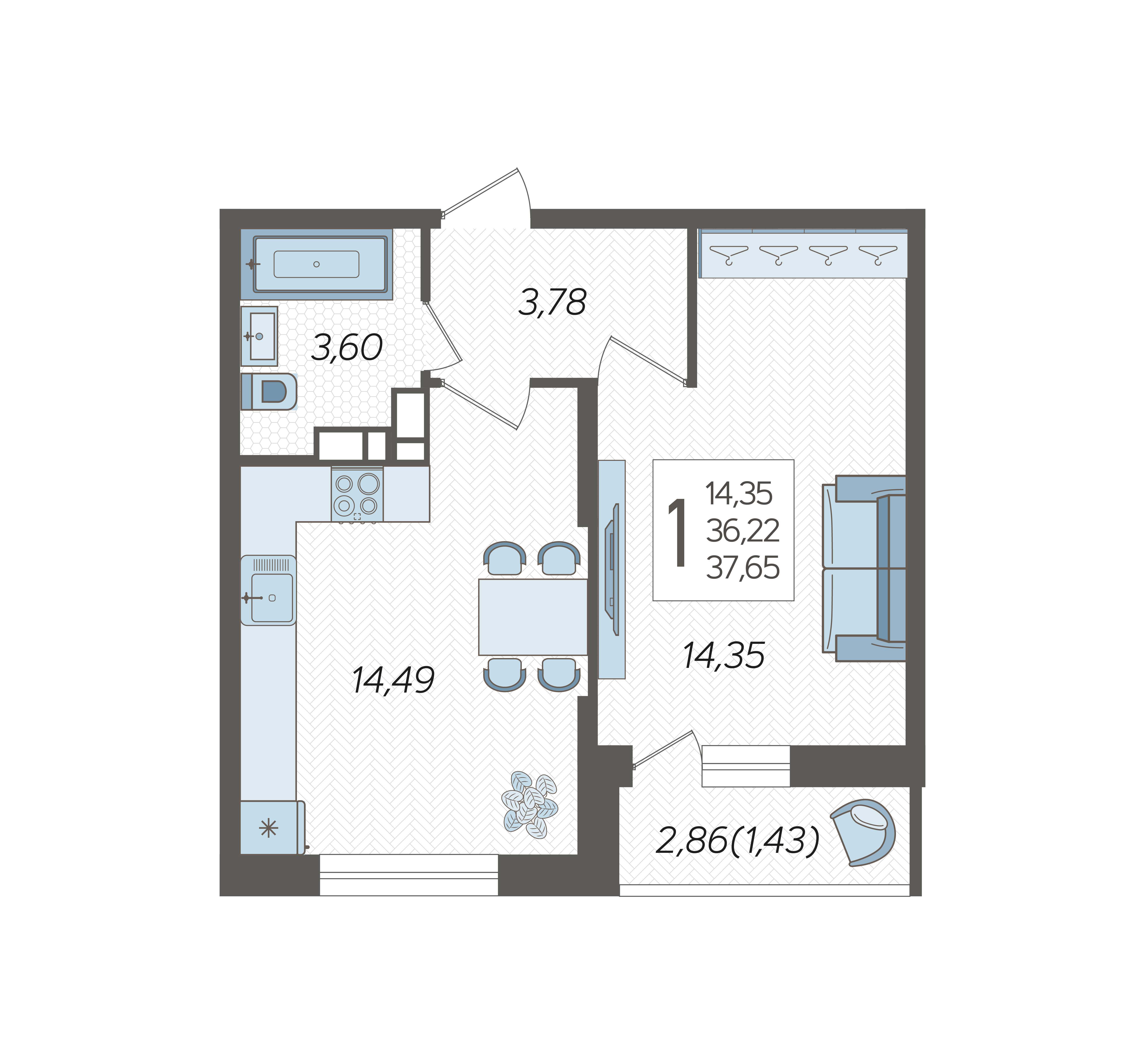Планировка: 1-комн. квартира 37,6 м²