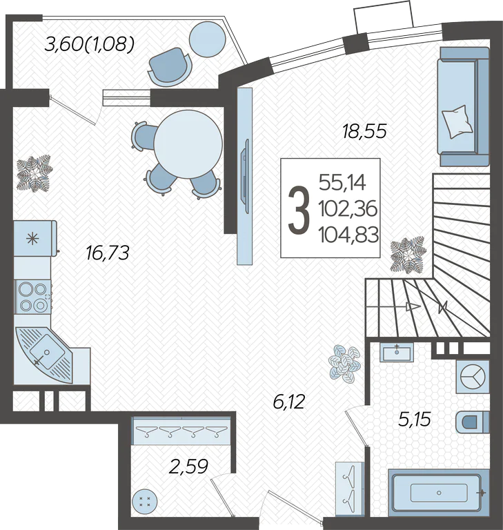 Планировка 3-комнатная 104,83 м²