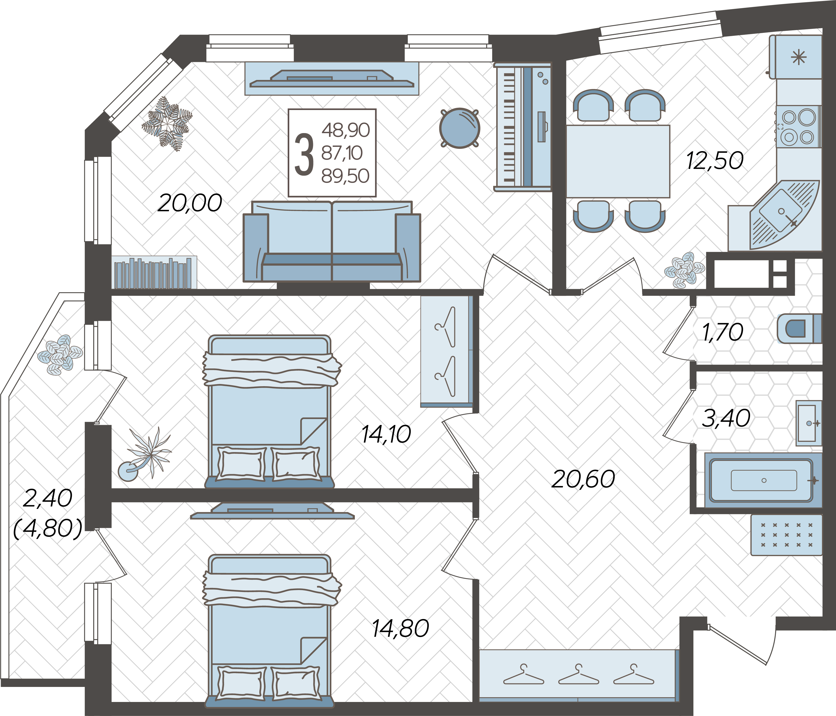 Планировка: 3-комн. квартира 89,5 м²