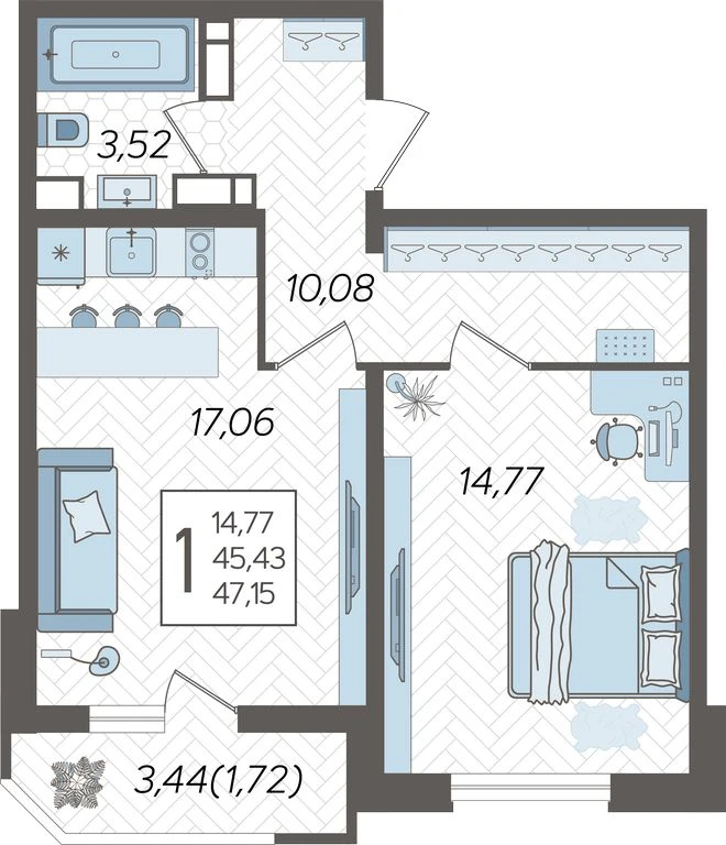 Планировка 1-комнатная 48,5 м²