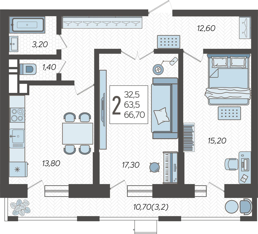 Планировка 2-комнатная 67,94 м²