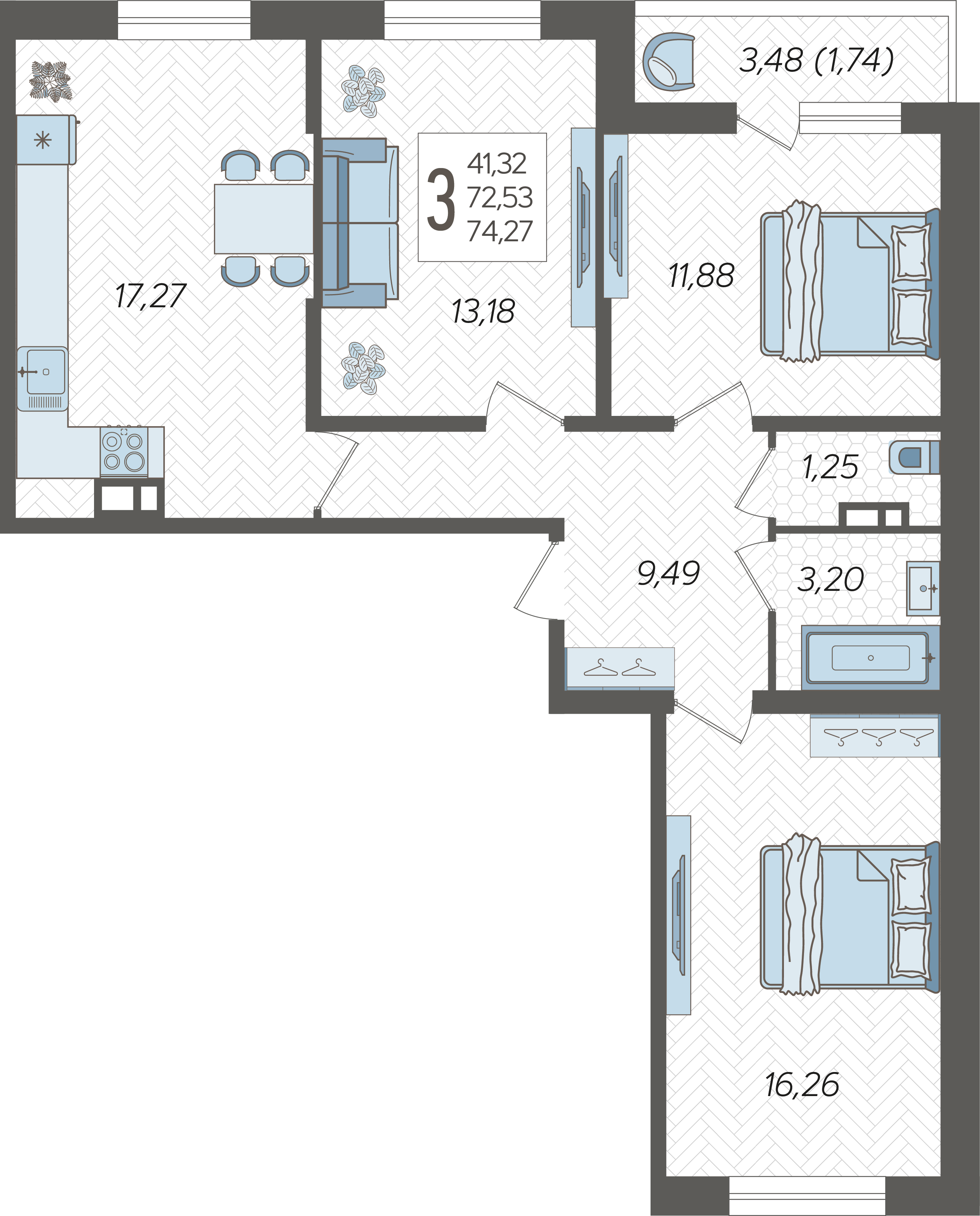 Планировка: 3-комн. квартира 74,3 м²