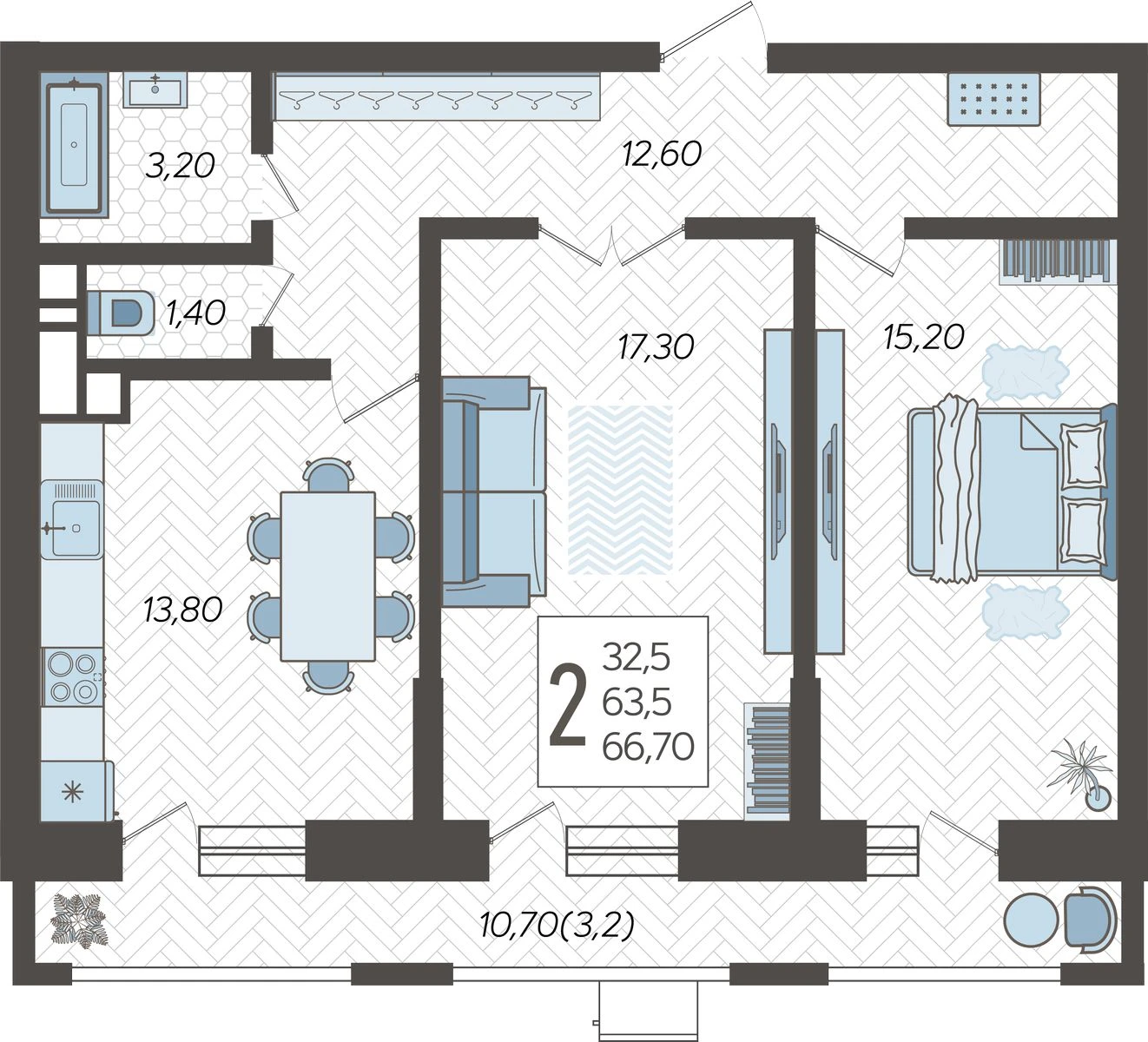 Планировка 2-комнатная 67,61 м²