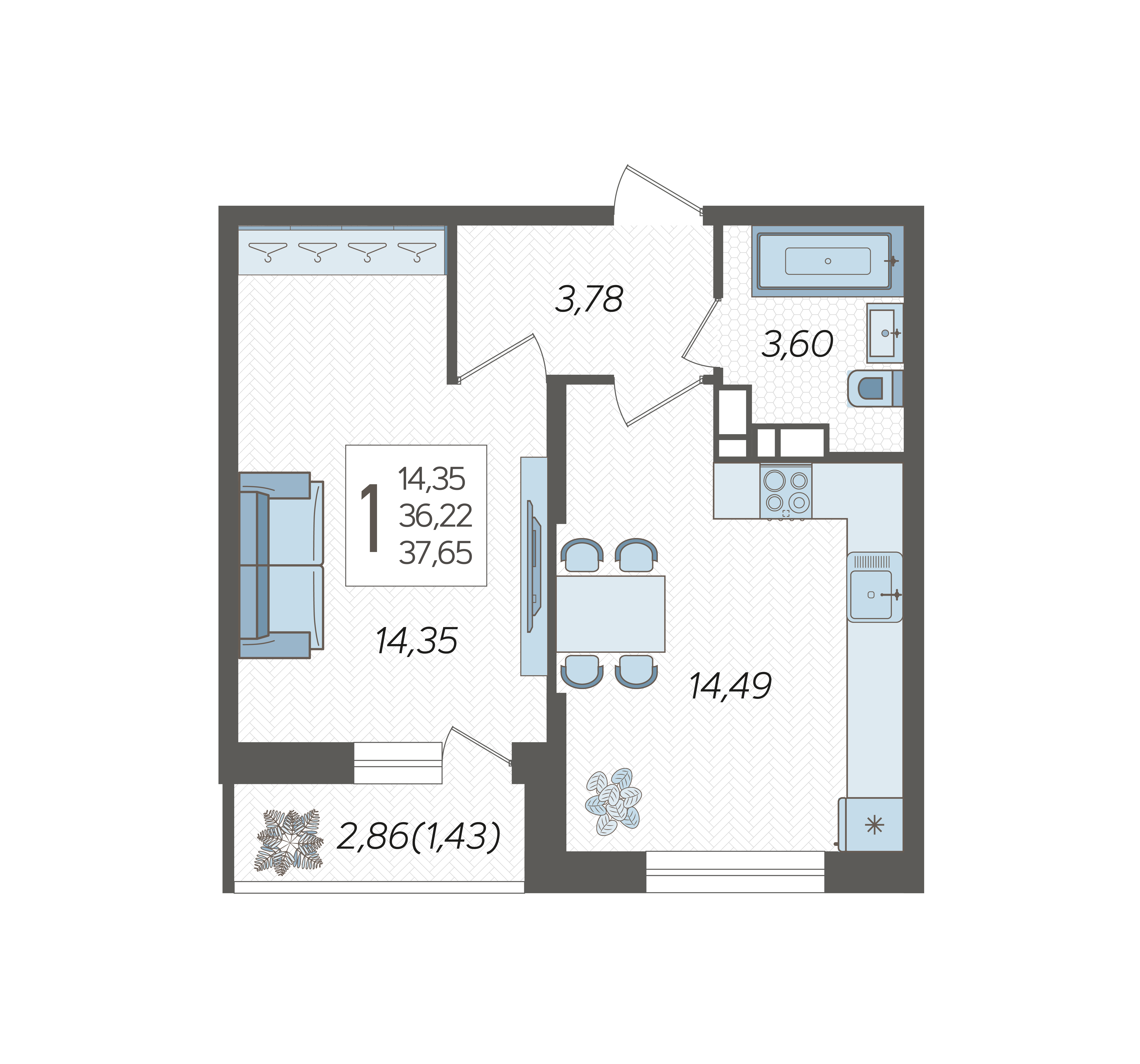 Планировка: 1-комн. квартира 37,4 м²