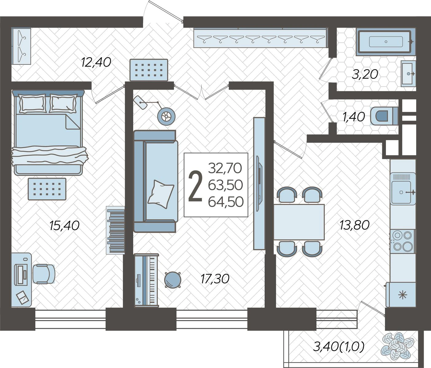 Планировка 2-комнатная 66,12 м²