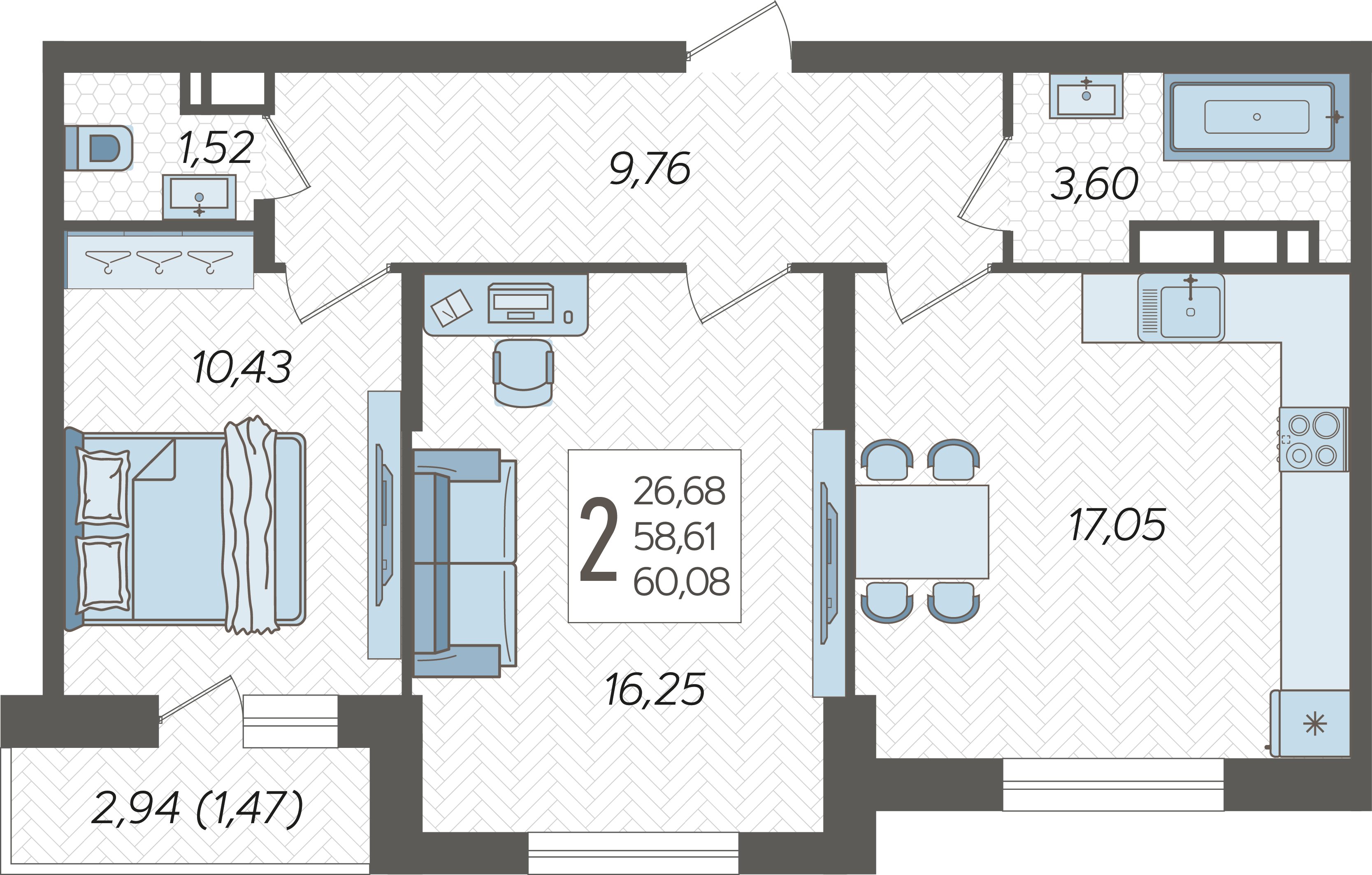 Планировка 2-комнатная 60,08 м²