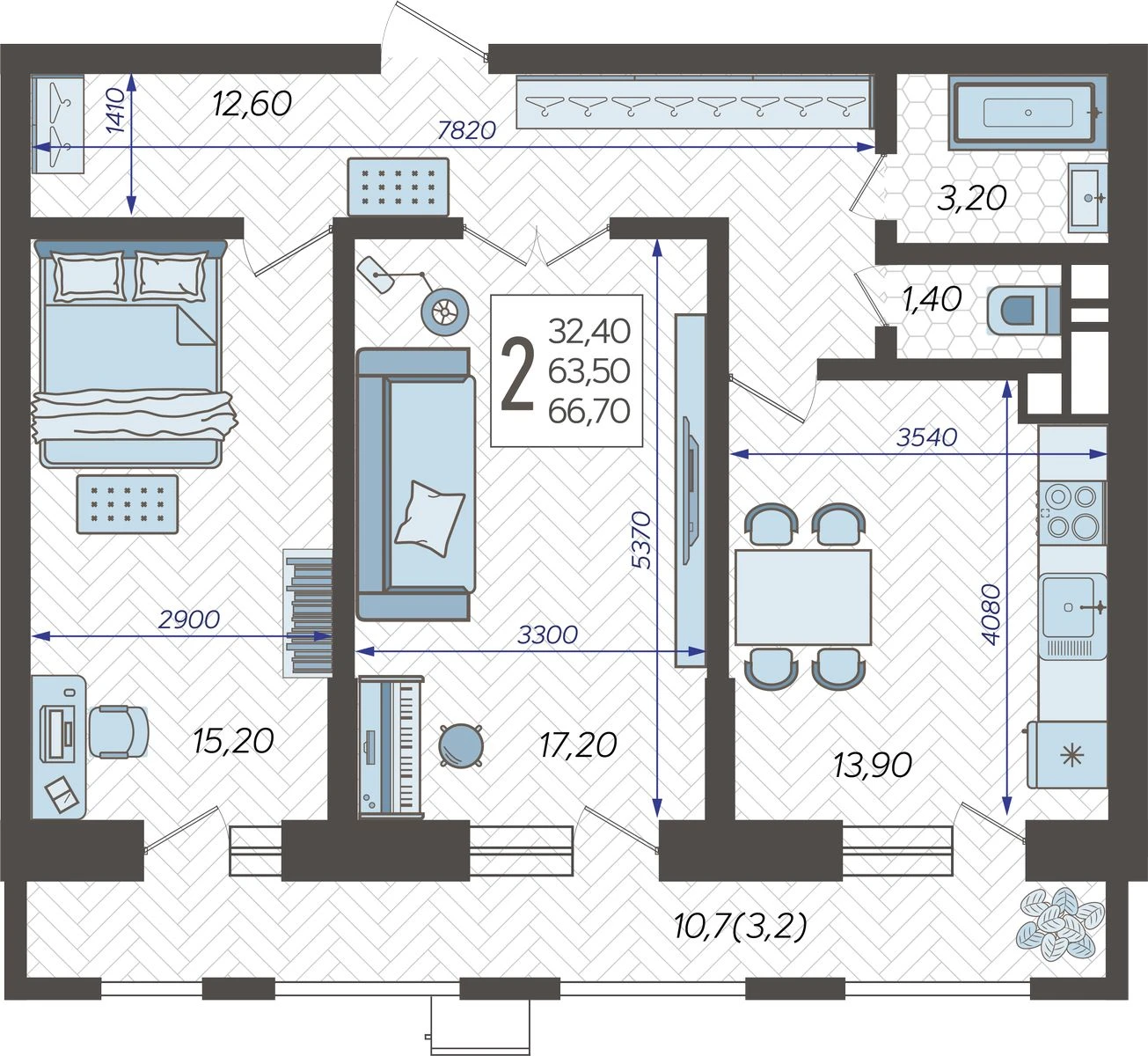 Планировка: 2-комн. квартира 68 м²