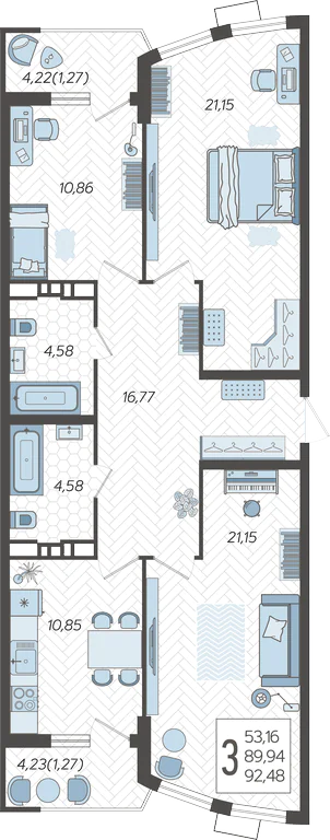 Планировка: 3-комн. квартира 92,5 м²