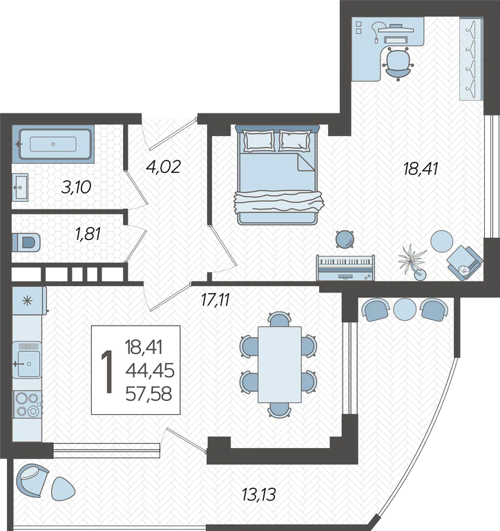 Планировка 1-комнатная 57,58 м²