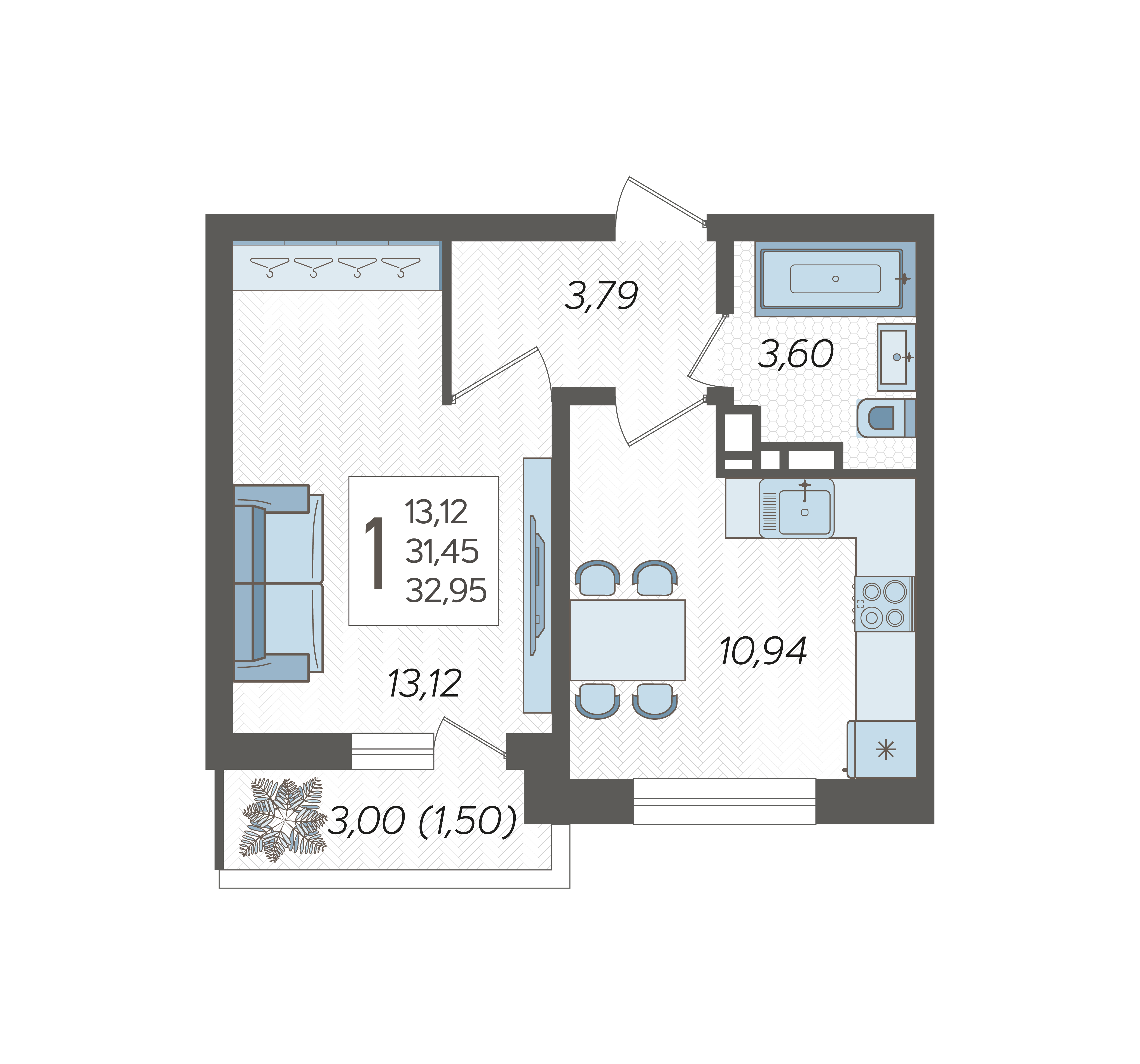 Планировка 1-комнатная 32,95 м²