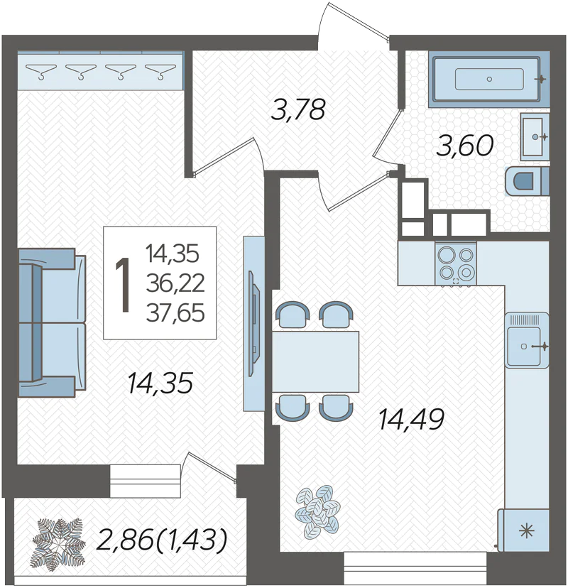 Планировка: 1-комн. квартира 37,2 м²