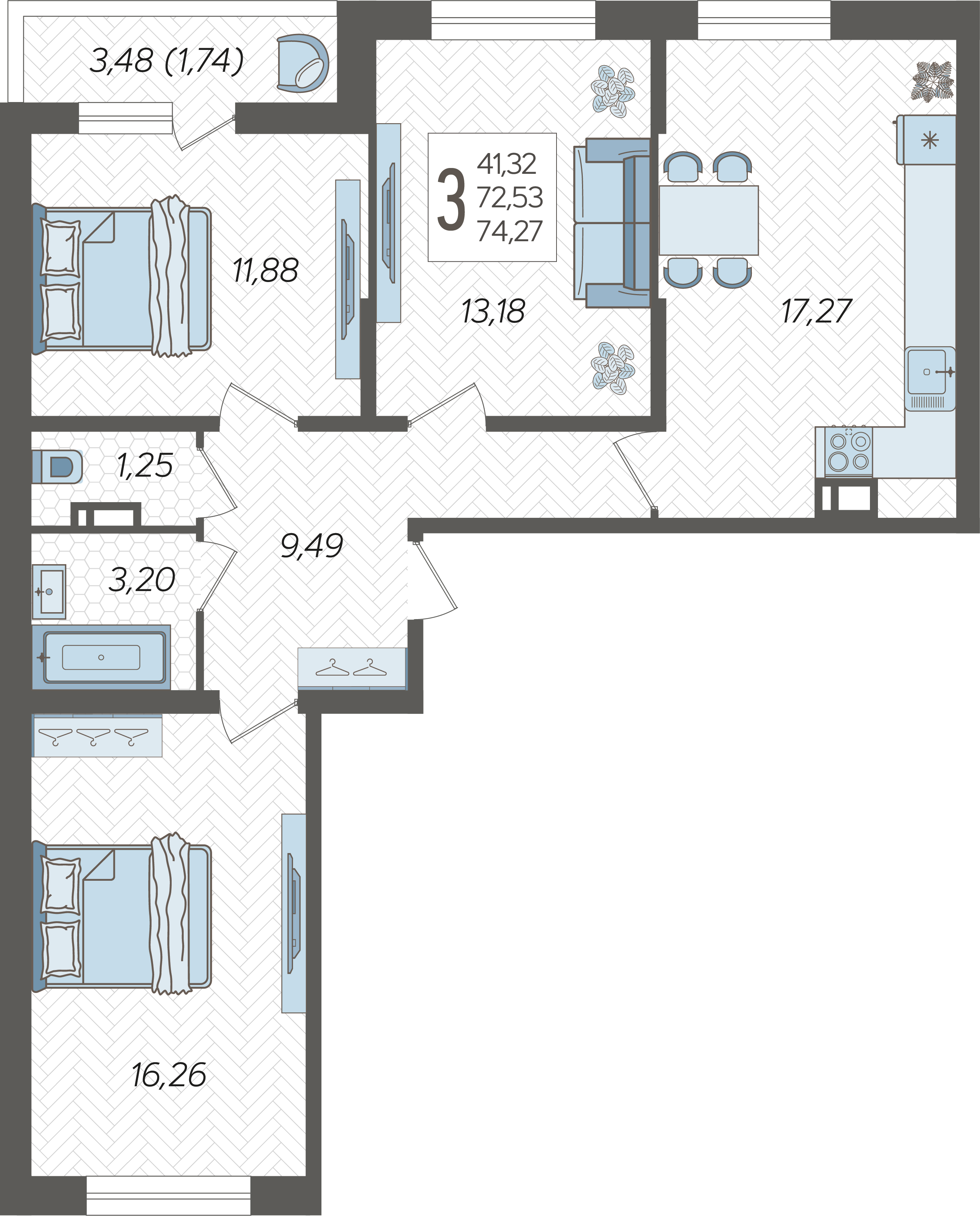 Планировка 3-комнатная 74,27 м²