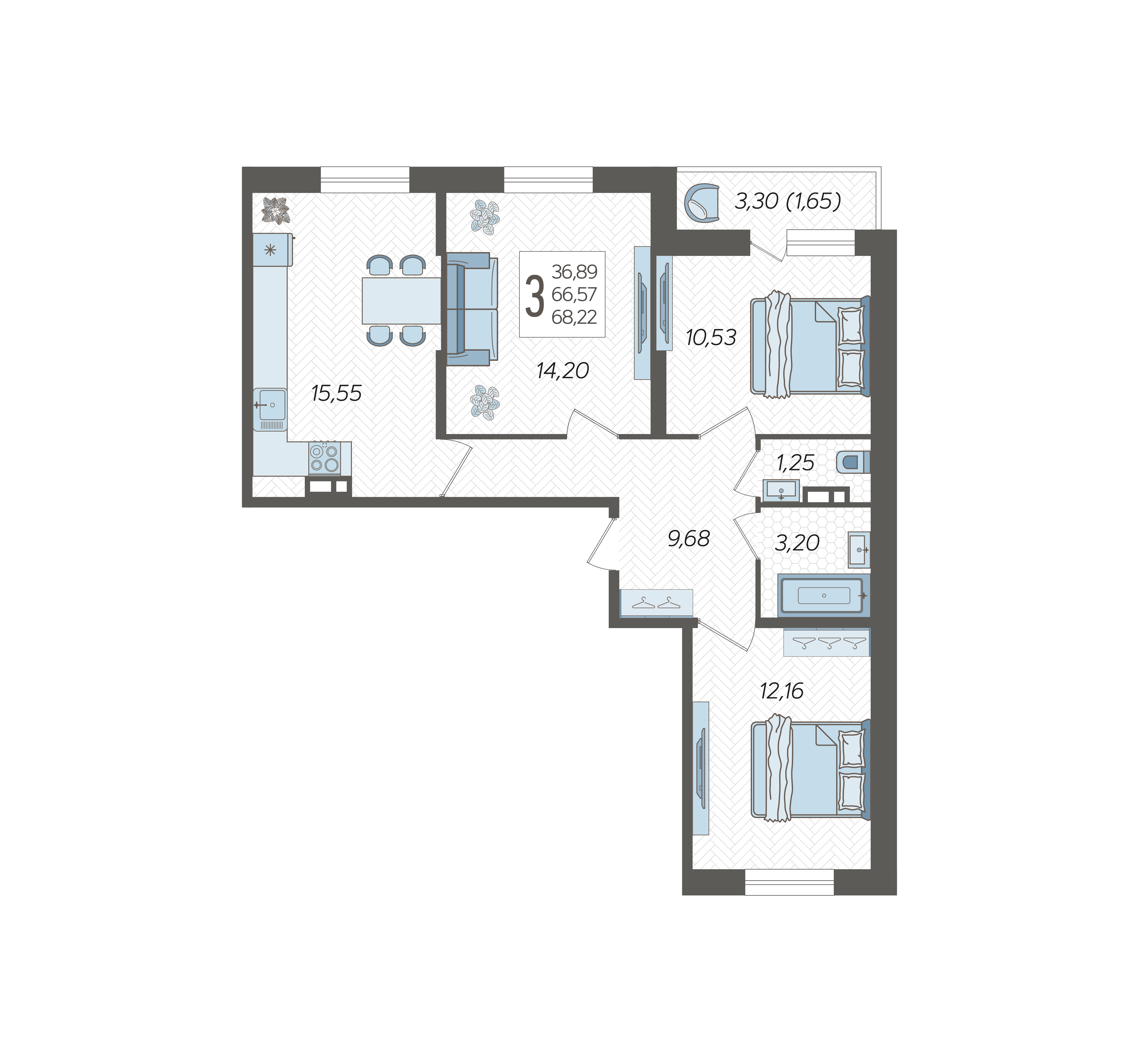 Планировка: 3-комн. квартира 68,2 м²