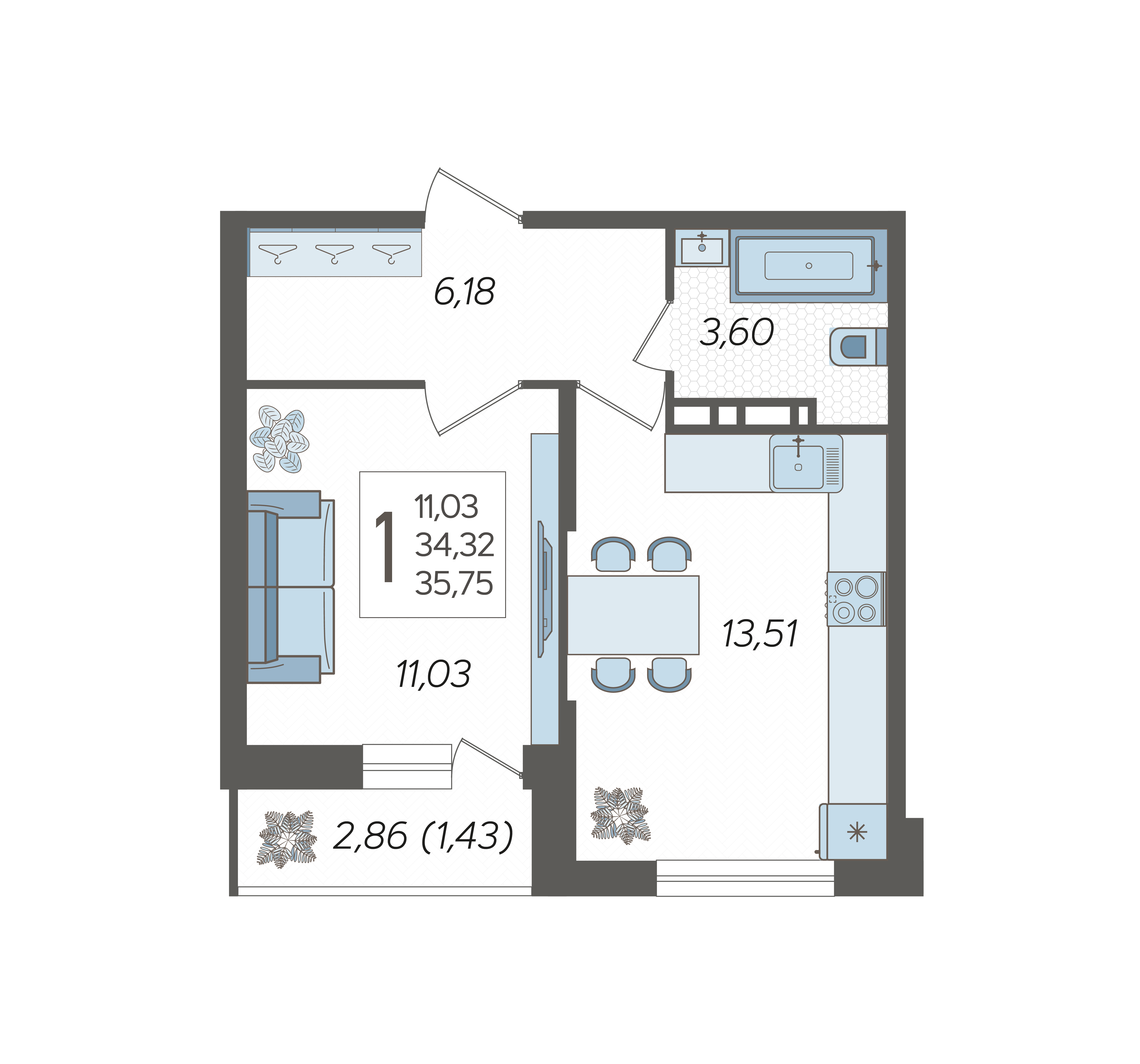 Планировка: 1-комн. квартира 35,8 м²