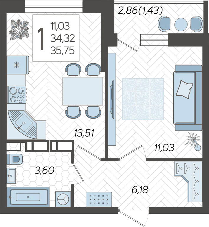 Планировка 1-комнатная 36,45 м²