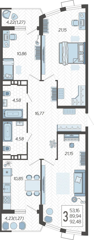 Планировка 3-комнатная 92,48 м²