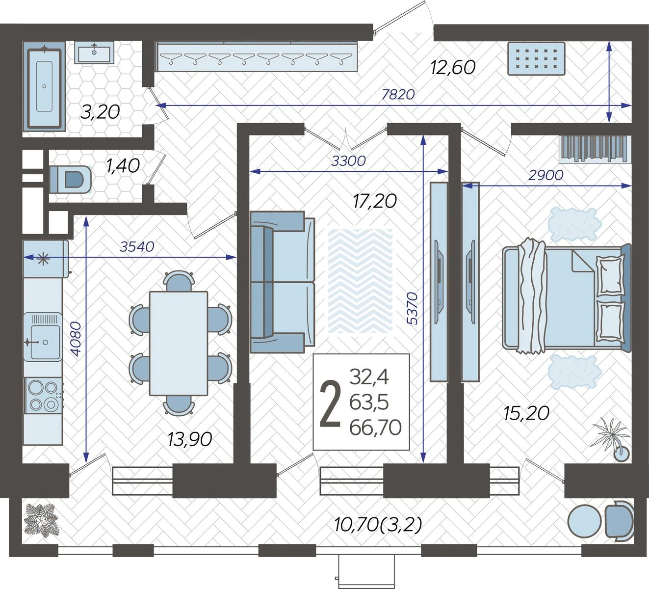 Планировка: 2-комн. квартира 68,4 м²