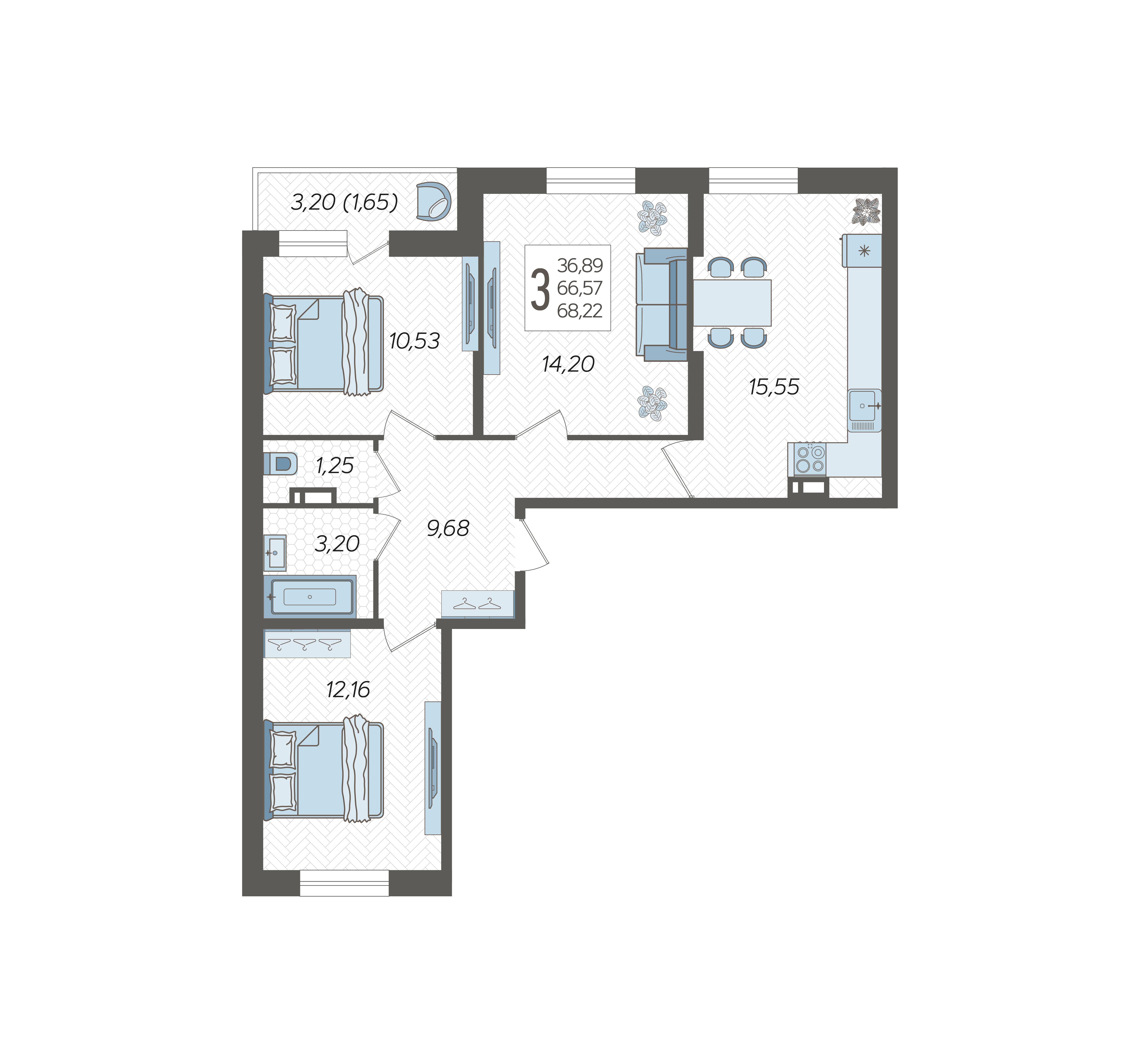 Планировка: 3-комн. квартира 68,2 м²