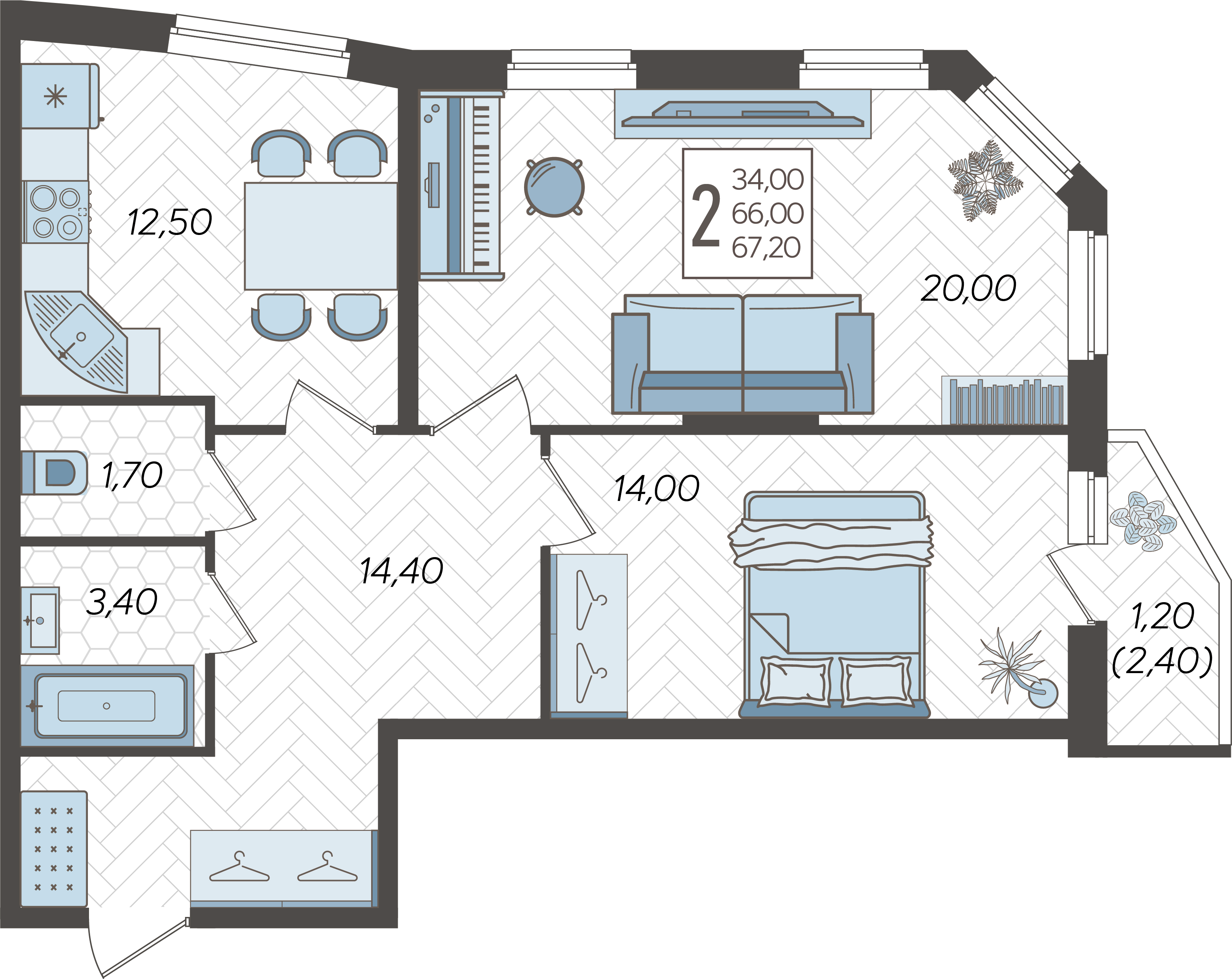 Планировка 2-комнатная 66,8 м²