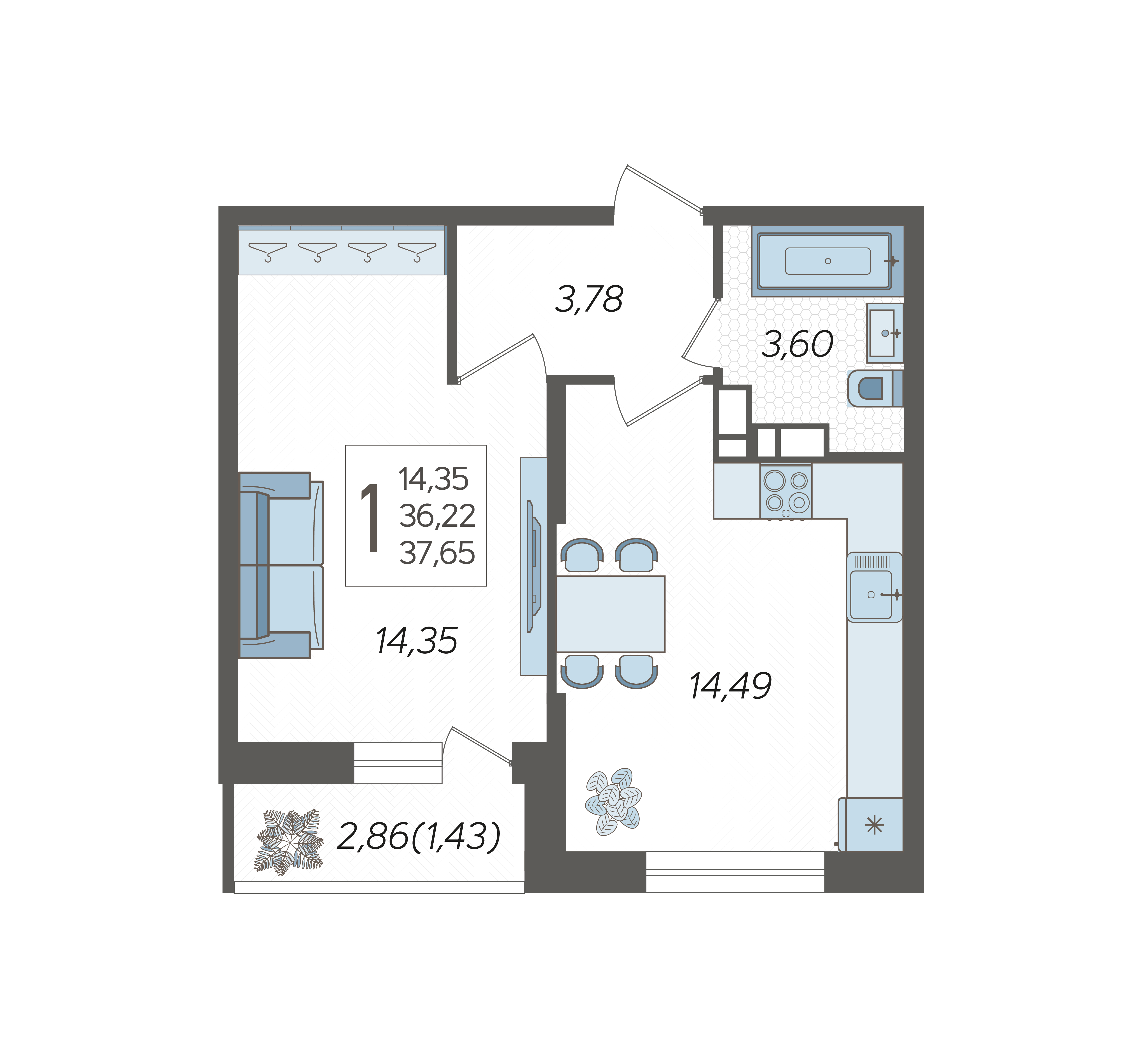Планировка: 1-комн. квартира 37,3 м²
