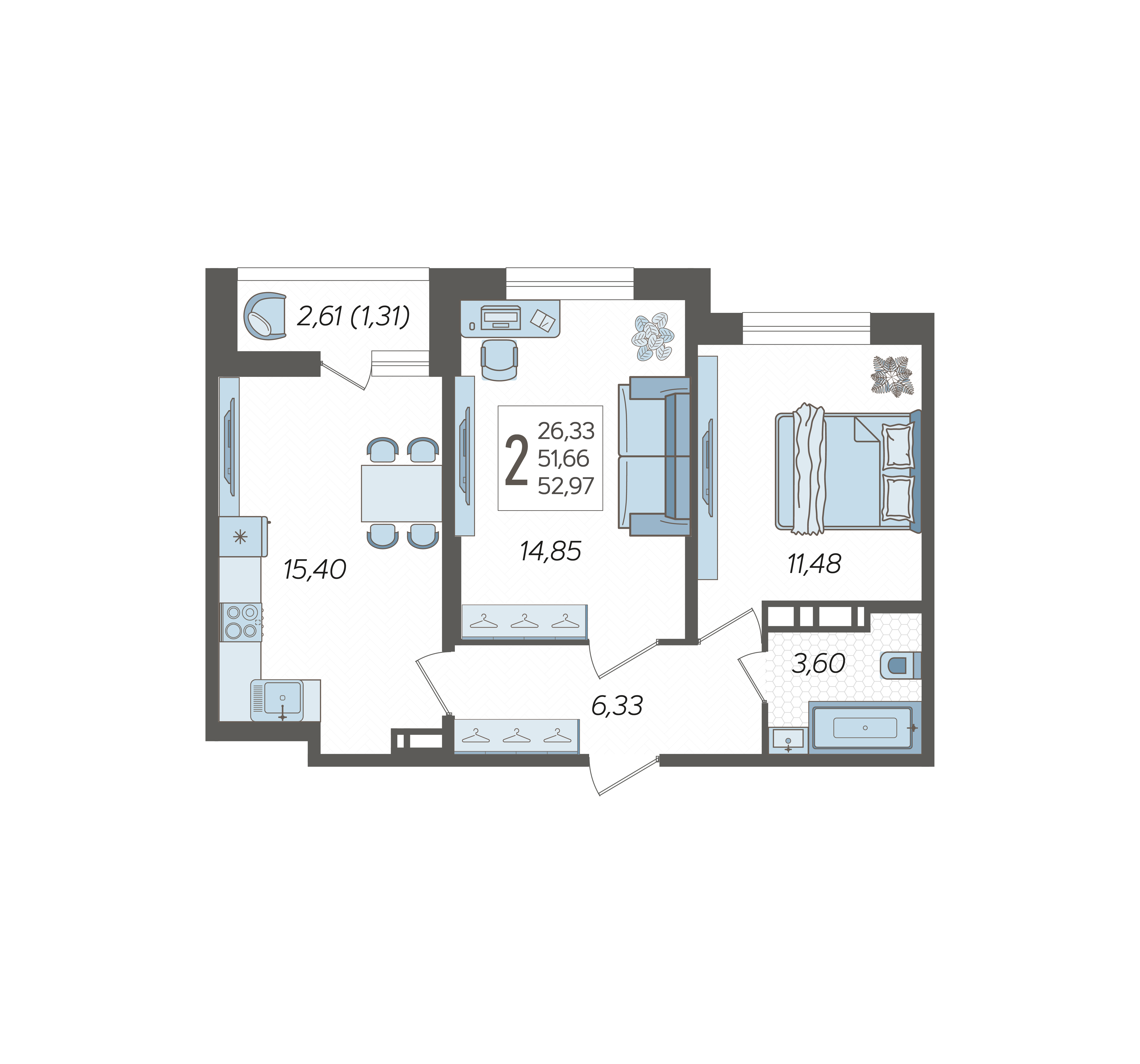 Планировка: 2-комн. квартира 53 м²