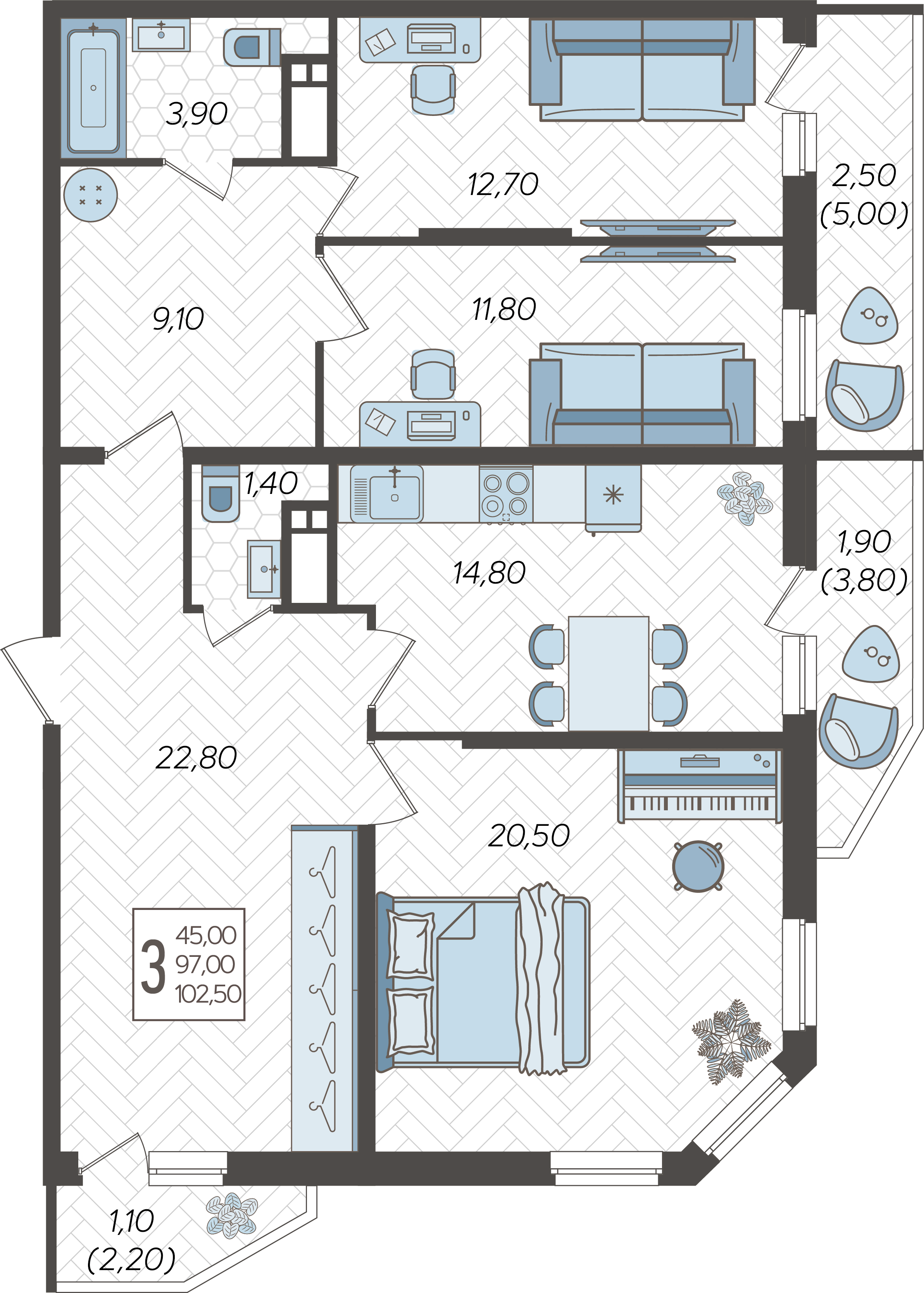 Планировка: 3-комн. квартира 104,5 м²