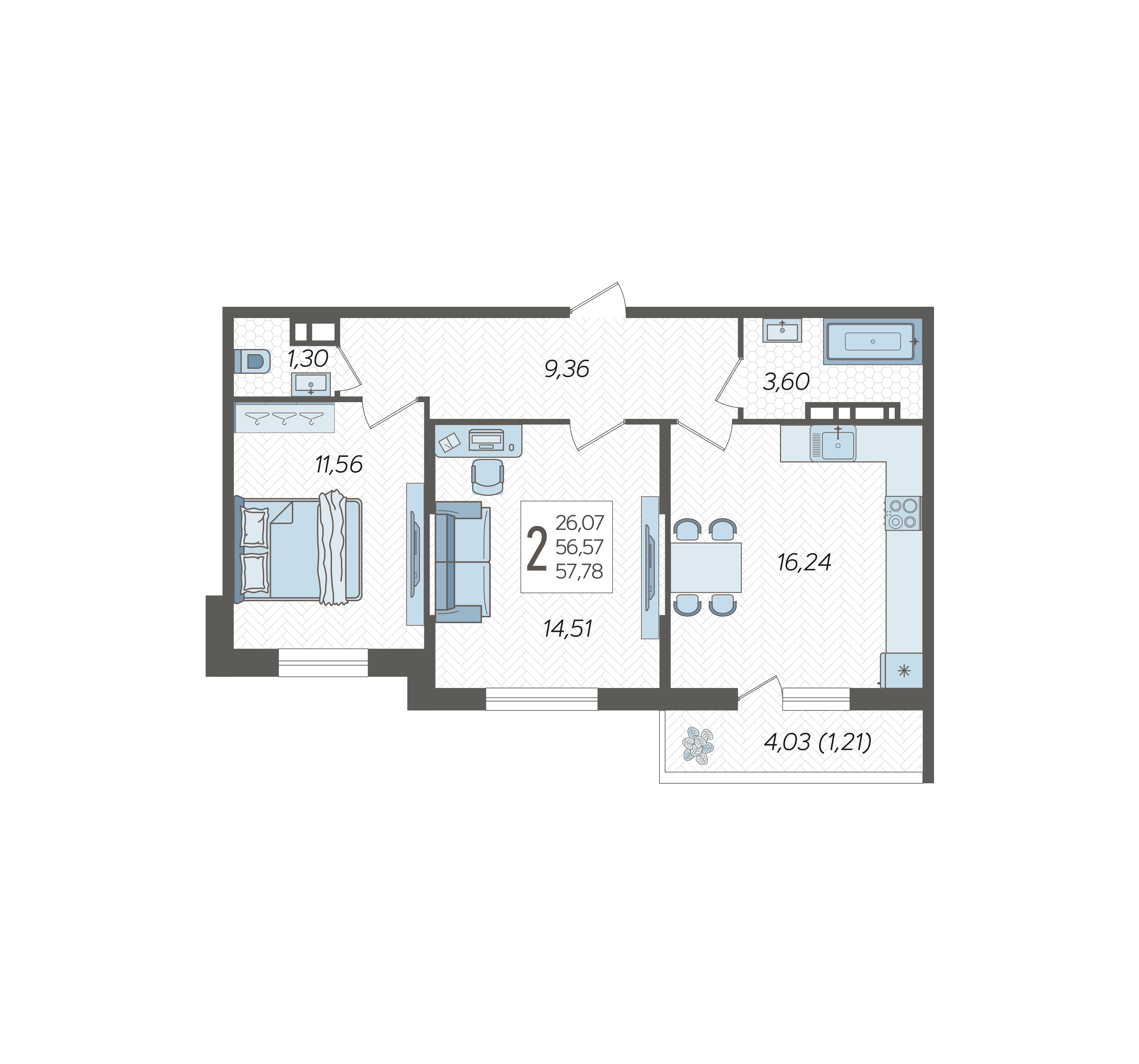 Планировка 2-комнатная 57,78 м²