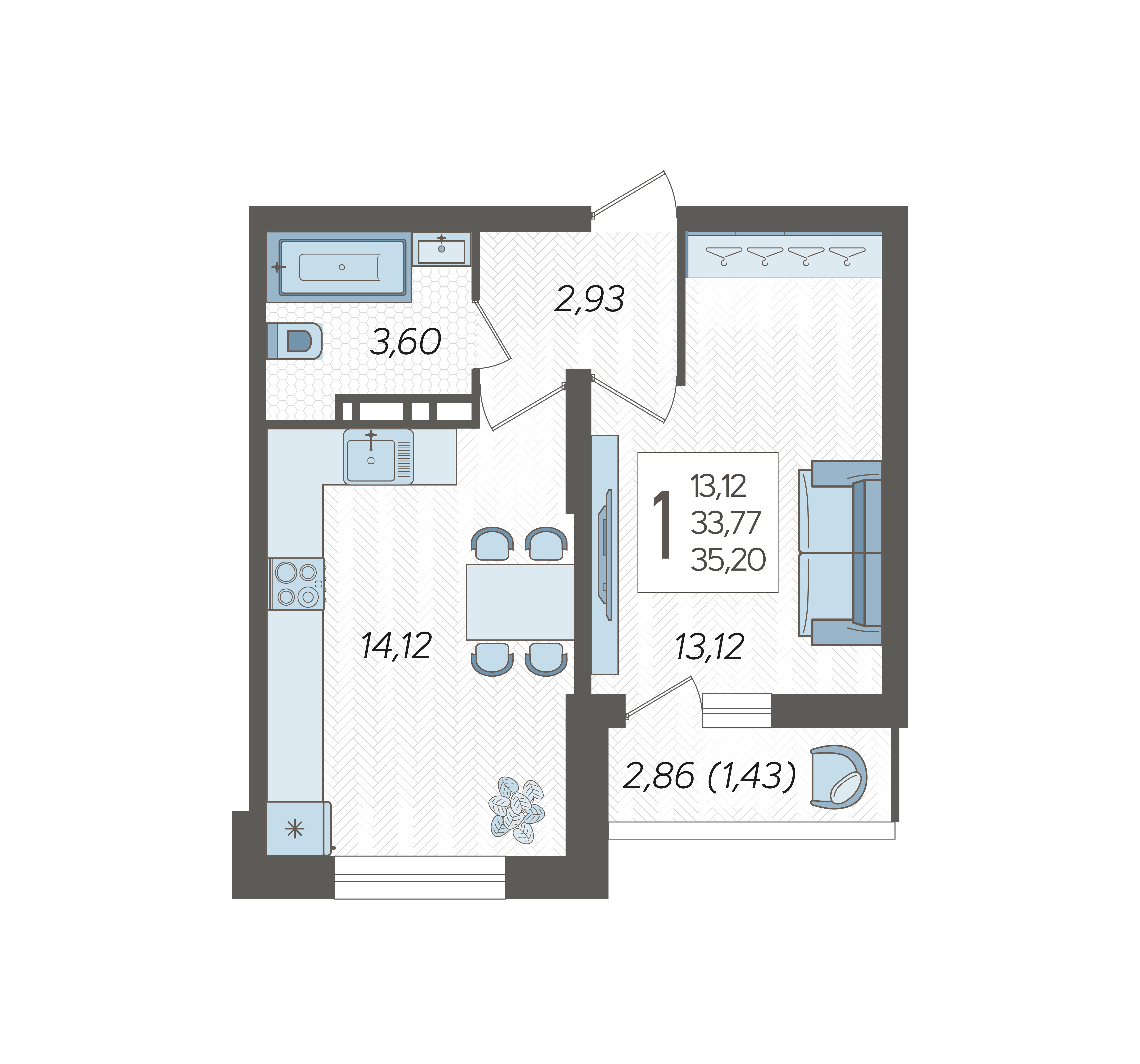 Планировка: 1-комн. квартира 35,2 м²