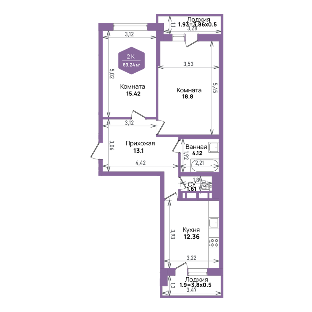 Планировка 2-комнатная 69,24 м²