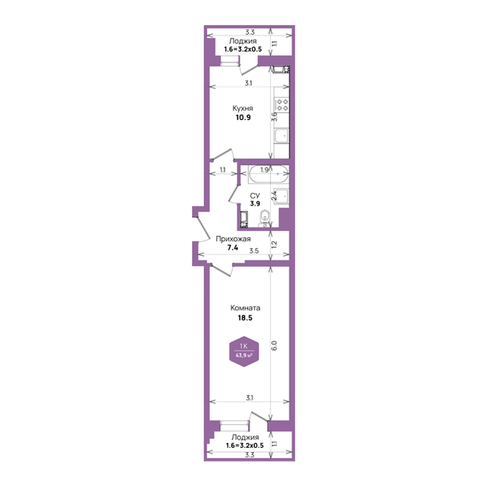 Планировка 1-комнатная 43,9 м²