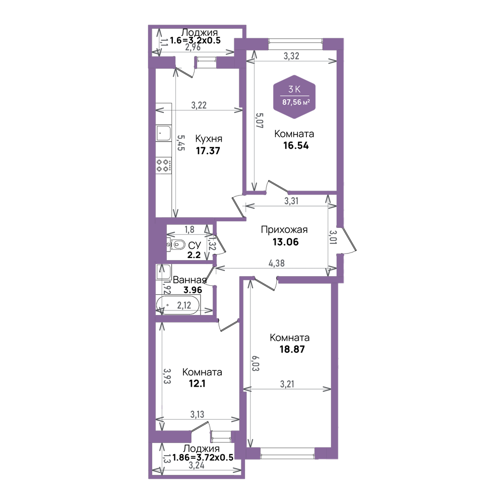 Планировка 3-комнатная 87,56 м²
