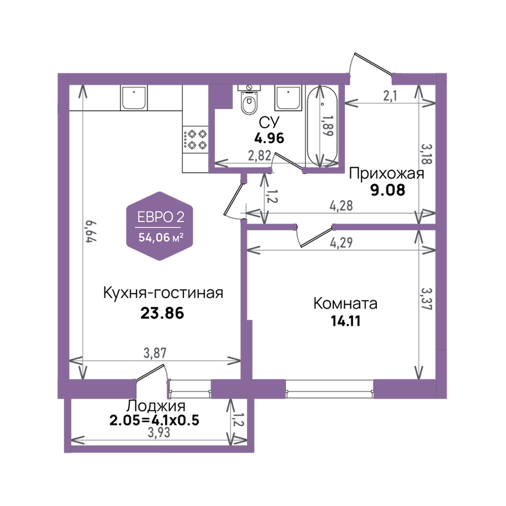 Планировка 2-комнатная 54,06 м²