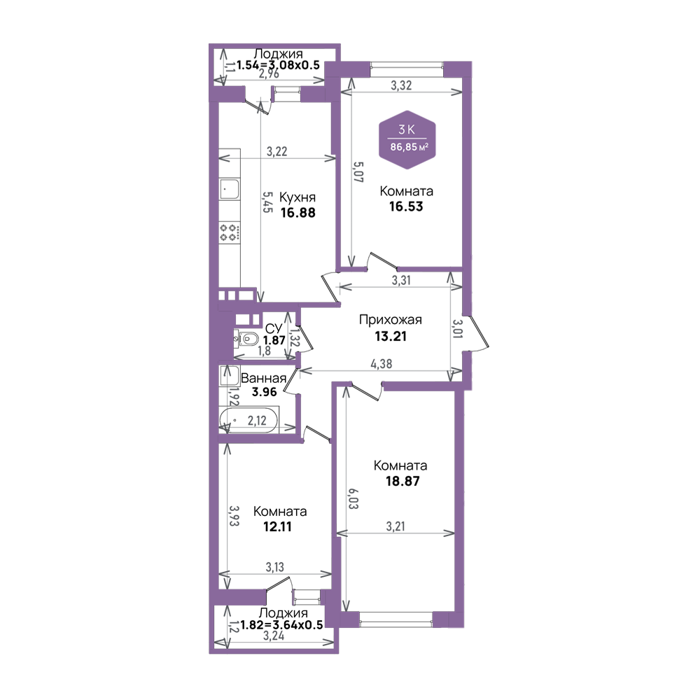 Планировка 3-комнатная 86,85 м²