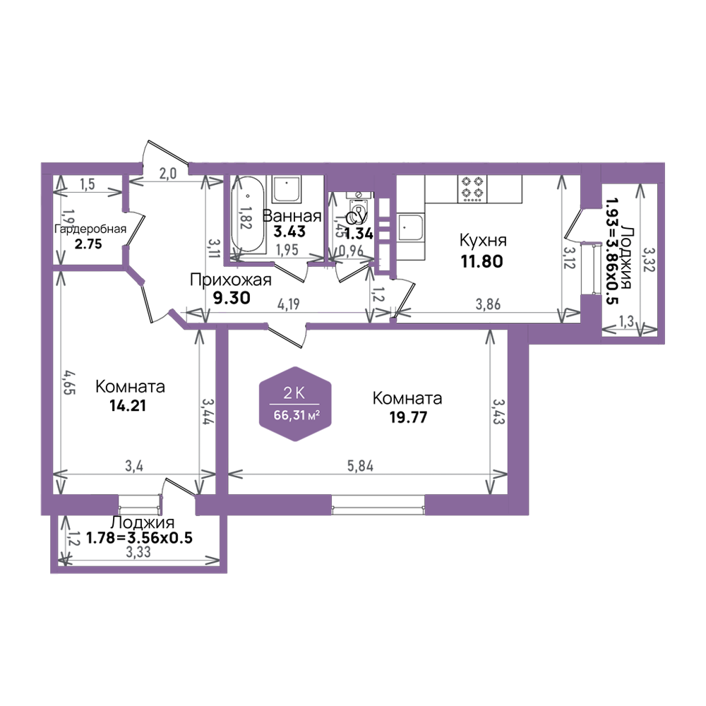 Планировка 2-комнатная 66,31 м²