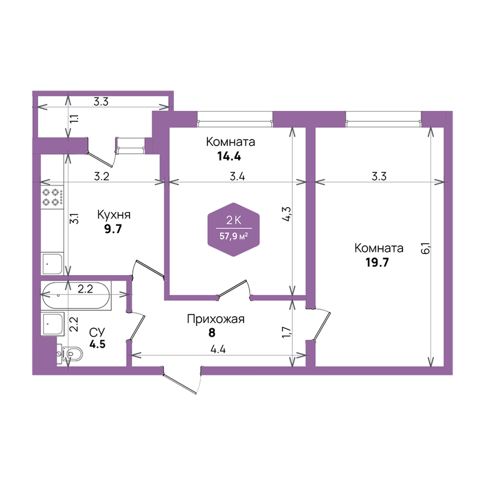 Планировка 2-комнатная 57,9 м²