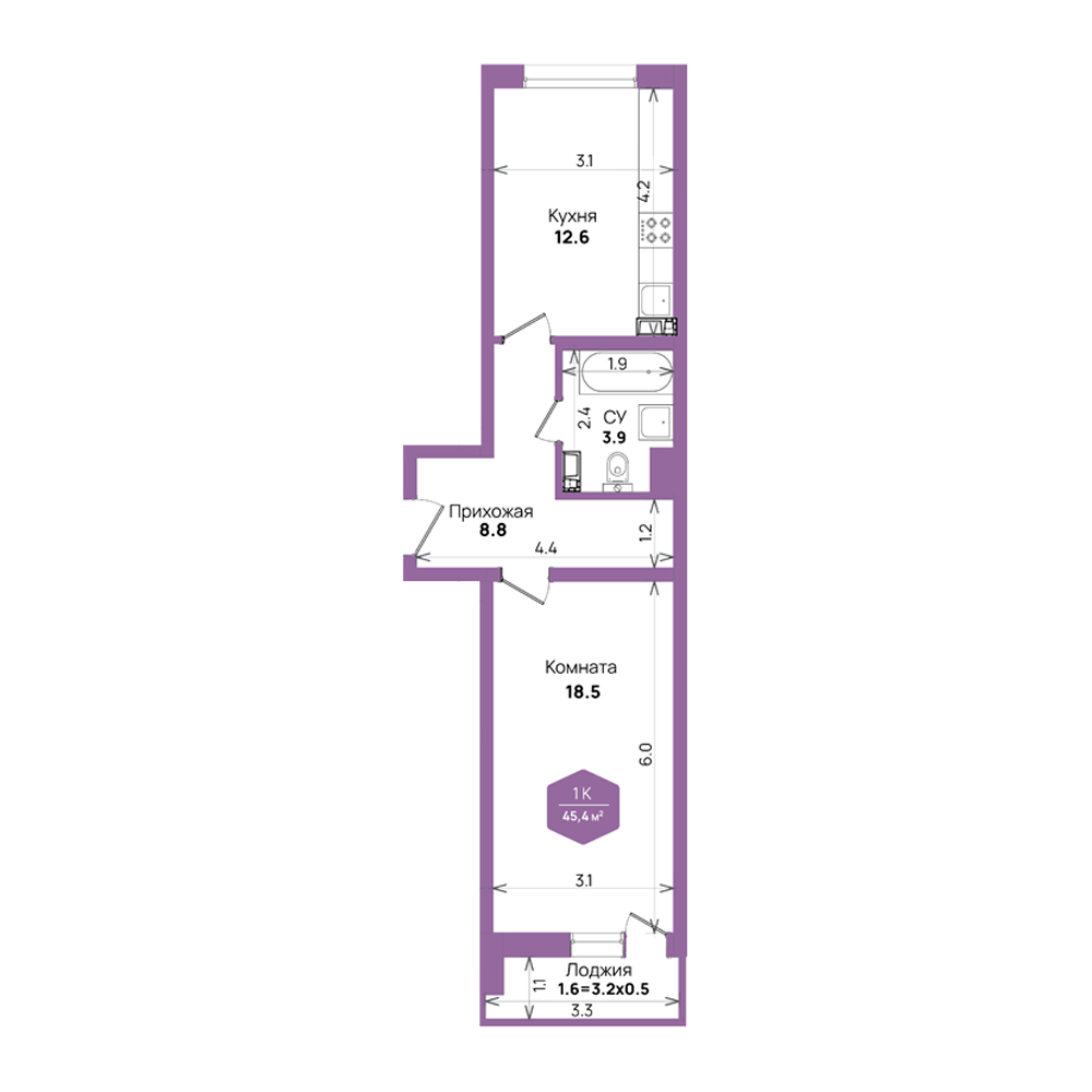 Планировка 1-комнатная 45,4 м²