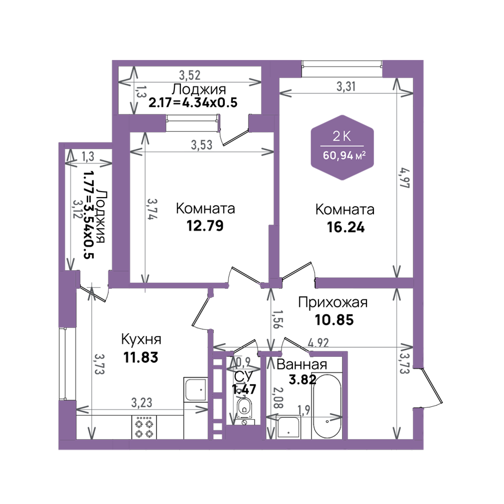 Планировка: 2-комн. квартира 60,9 м²
