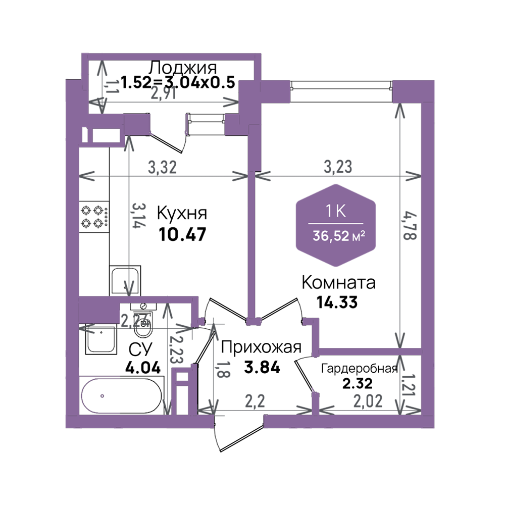 Планировка 1-комнатная 36,52 м²