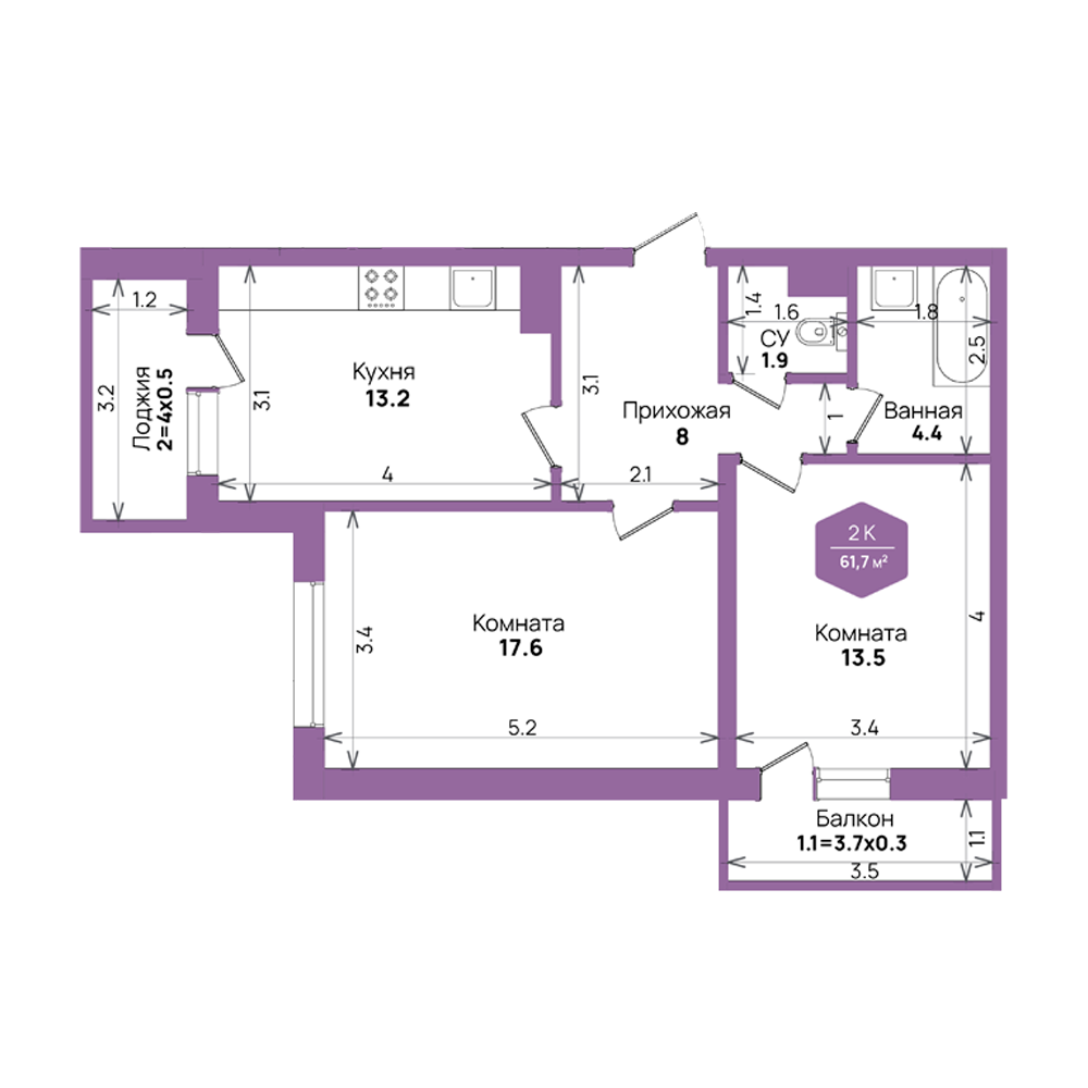 Планировка 2-комнатная 61,7 м²